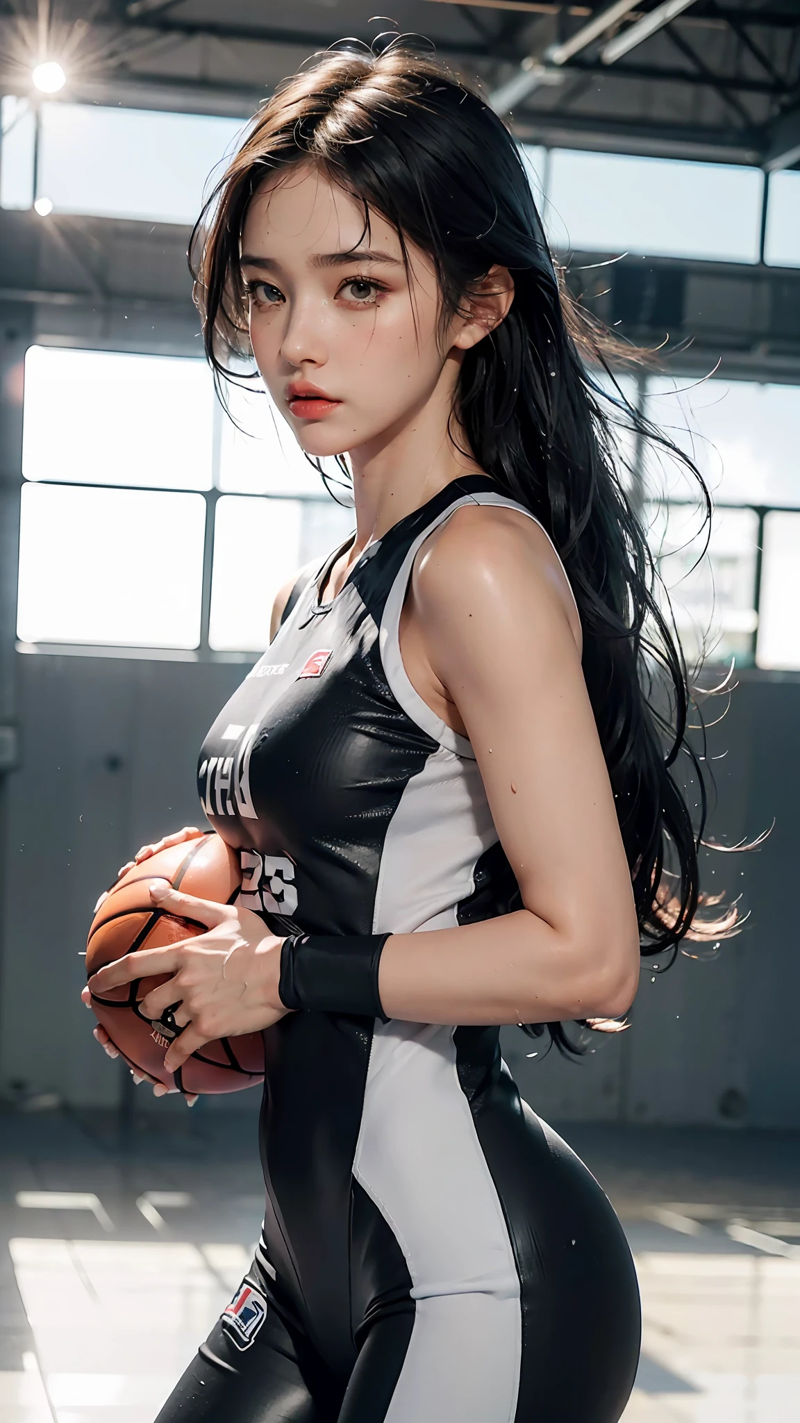 Top Quality, Ultra High Resolution, (Photorealistic: 1.4), 8K Resolution, (Woman in Basketball Suit), (Random Hair: 1.3), (Realistic Hair: 1.2), (Realistic Eyes: 1.2), (Beauty Face: 1.3), (Big: 1.3), (Wet Skin: 1.2),(dynamic angle:1.1),