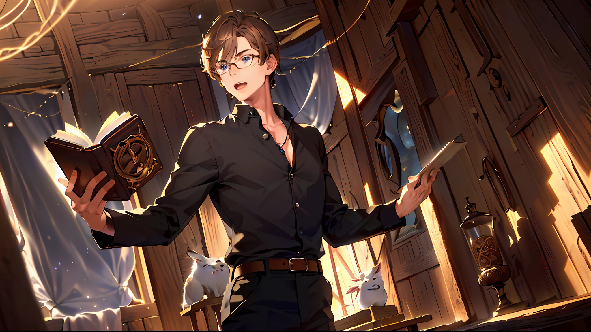 (masterpiece, best quality, ultra-detailed, best shadow), (detailed background, wide shot, male focus, (barn:1.4), (magic circle), standing, open mouth, holding book, incantation, grimoire, light particles, ritual, (summoning), powering up, energy ), high contrast, (best illumination), ((cinematic light)), colorful, hyper detail, dramatic light, intricate details, BREAK (detailed face, masculine features, nerd), ( 1boy, solo, young man named Micah, brown hair, blue eyes, short messy hair, button-up shirt, trousers, 1920s )