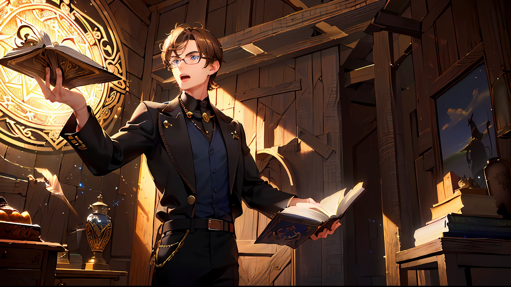 (masterpiece, best quality, ultra-detailed, best shadow), (detailed background, wide shot, male focus, (barn:1.4), (magic circle), standing, open mouth, holding book, incantation, grimoire, light particles, ritual, (summoning), powering up, energy ), high contrast, (best illumination), ((cinematic light)), colorful, hyper detail, dramatic light, intricate details, BREAK (detailed face, masculine features, nerd), ( 1boy, solo, young man named Micah, brown hair, blue eyes, short messy hair, button-up shirt, trousers, 1920s )