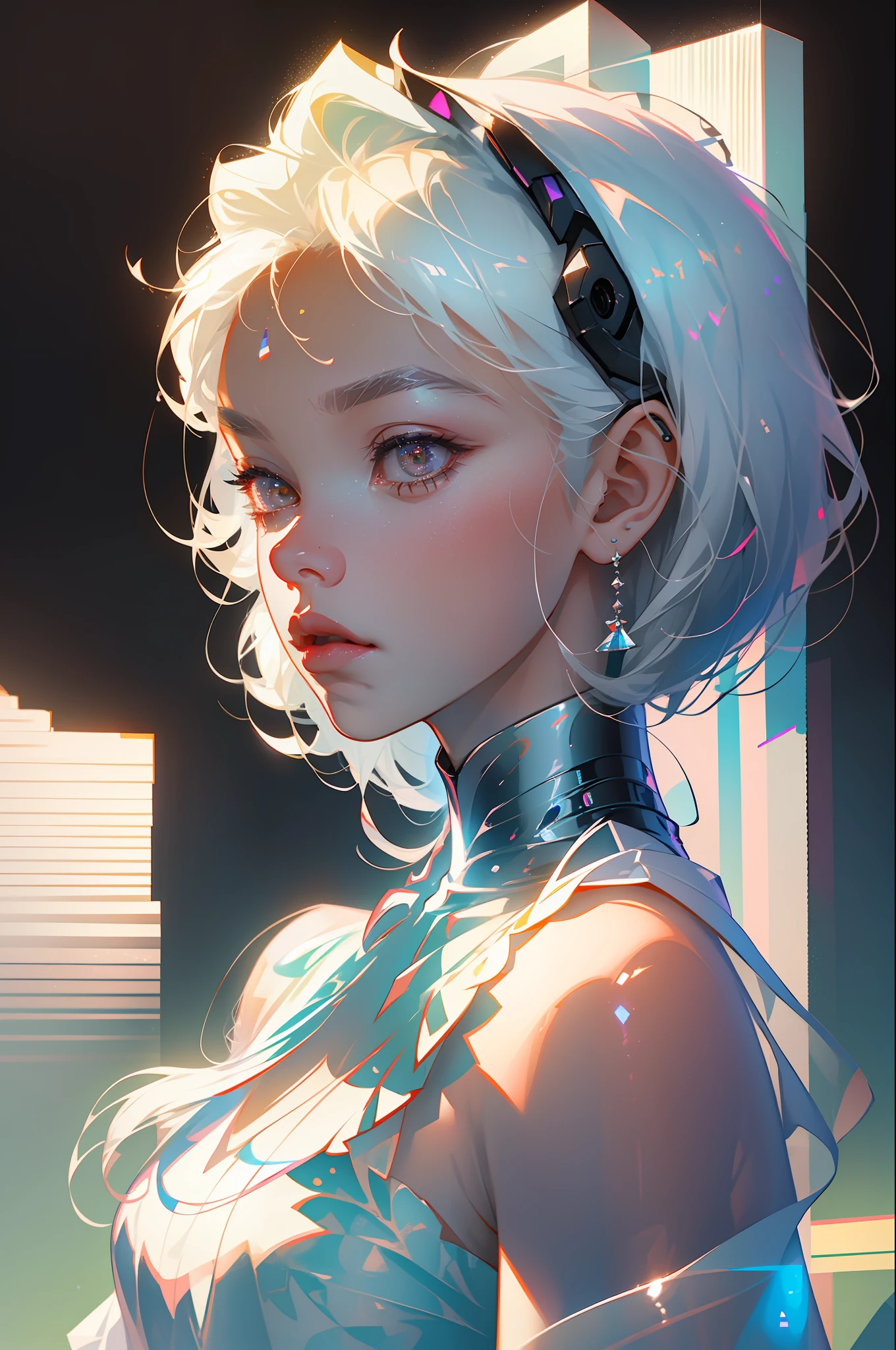 Highest quality,The perfect masterpiece,Perfect artwork,Official Works,8K,
(Upper Body Portrait:1.3),((Seen from the side:1.5)),close-up lens,Delicate face,
17 years old,White-haired girl,(hakuhatsu:1.5),short and medium hair,((White transparent eyes:1.5)),(white dress:1.2),(Transparent clothing:1.2),(Black background:1.3),
pearl illusion,Cyberpunk,fashion trend,3s material,high-definition,detail representation,c4d,3D,octane rendering,ray tracing,complex details,animated lighting,OCrenderer,