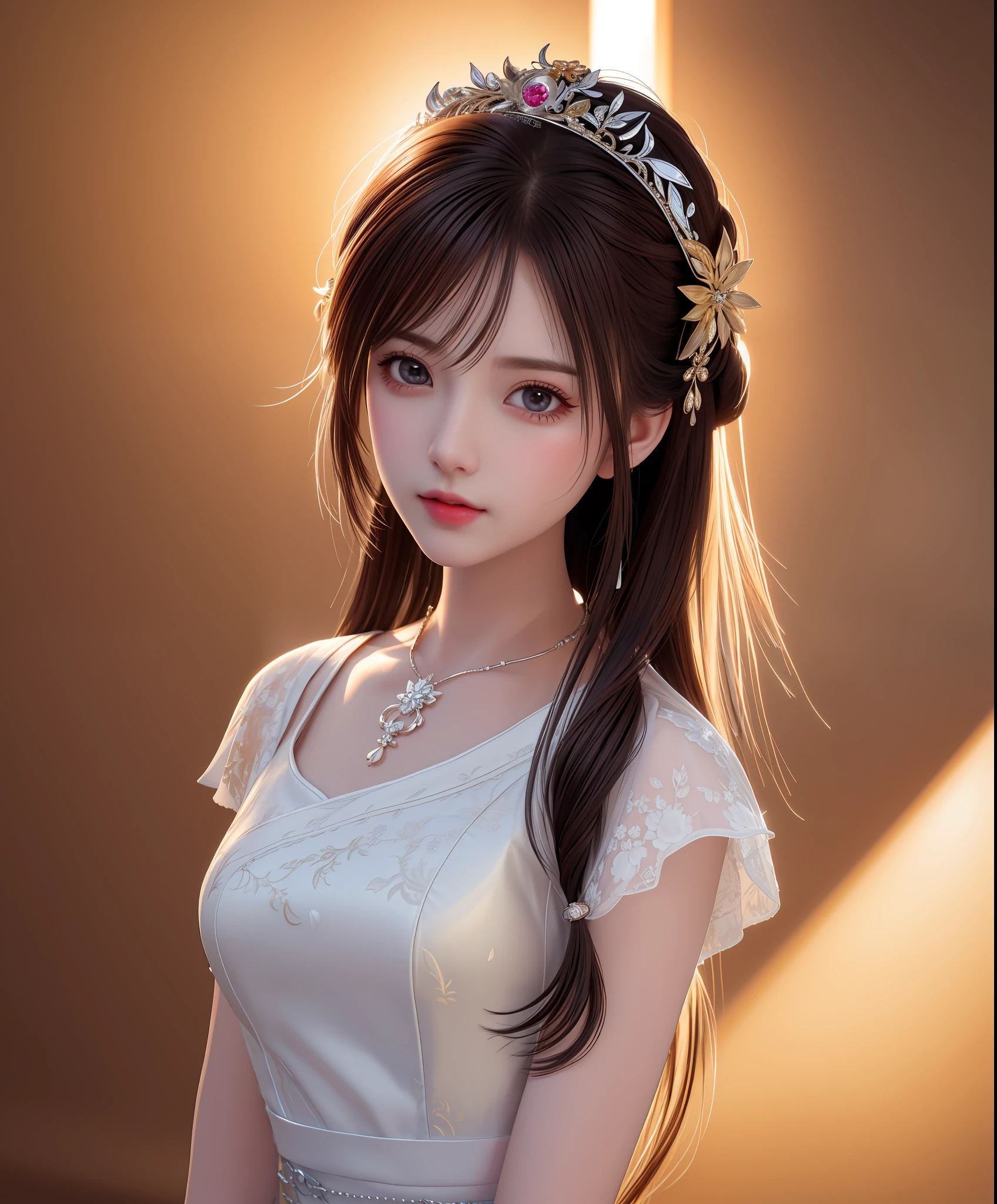 Best quality, masterpiece, high resolution, 1girl, porcelain dress, hair accessories, necklace, jewelry, beautiful face, on the body, Tyndall effect, realistic, dark studio, edge lighting, two-tone lighting, (high detail skin: 1.2), 8k UHD, dslr, soft light, high quality, volumetric light, candid, photo, high resolution, 4k, 8k, background blur,