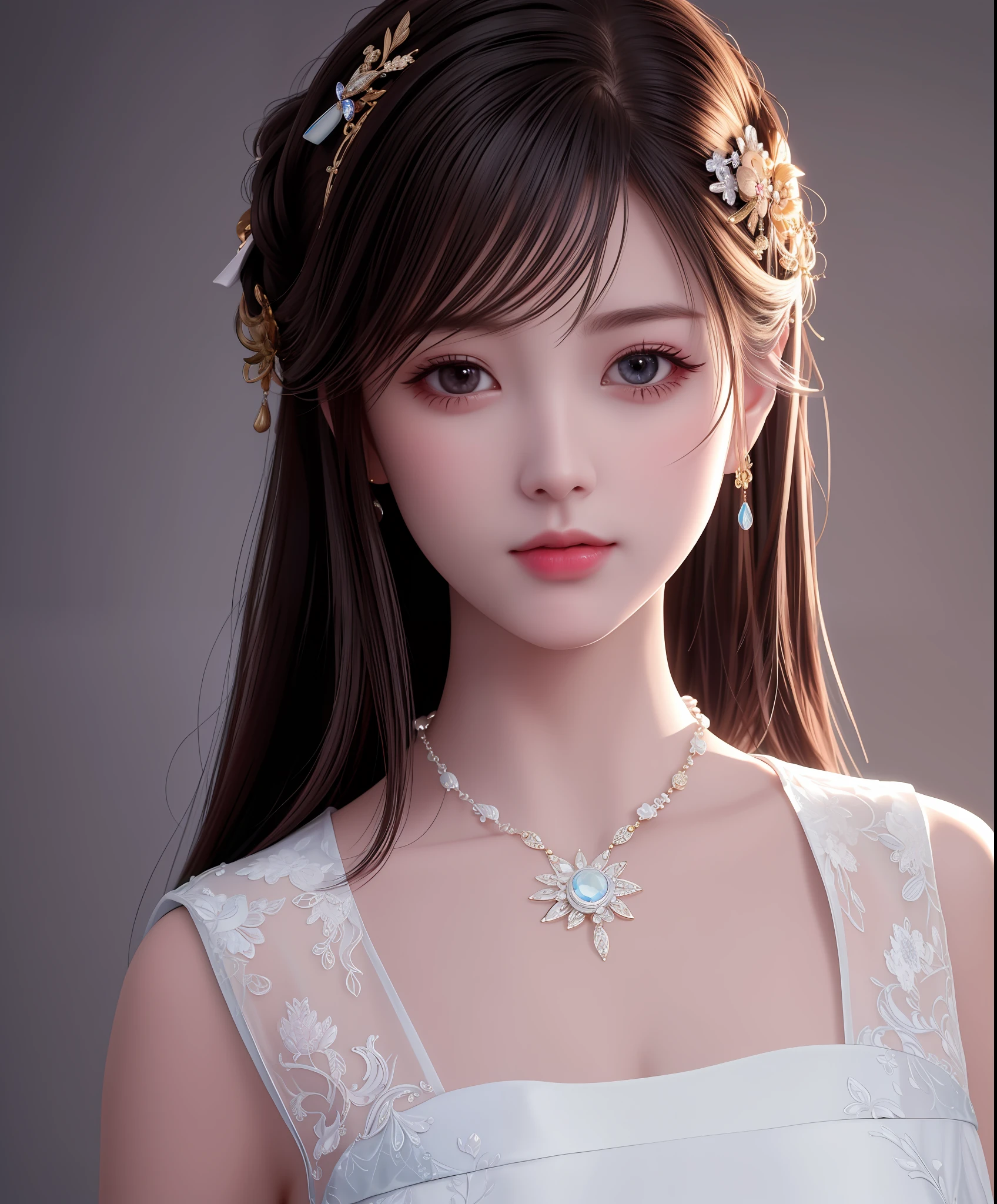 Best quality, masterpiece, high resolution, 1girl, porcelain dress, hair accessories, necklace, jewelry, beautiful face, on the body, Tyndall effect, realistic, dark studio, edge lighting, two-tone lighting, (high detail skin: 1.2), 8k UHD, dslr, soft light, high quality, volumetric light, candid, photo, high resolution, 4k, 8k, background blur,