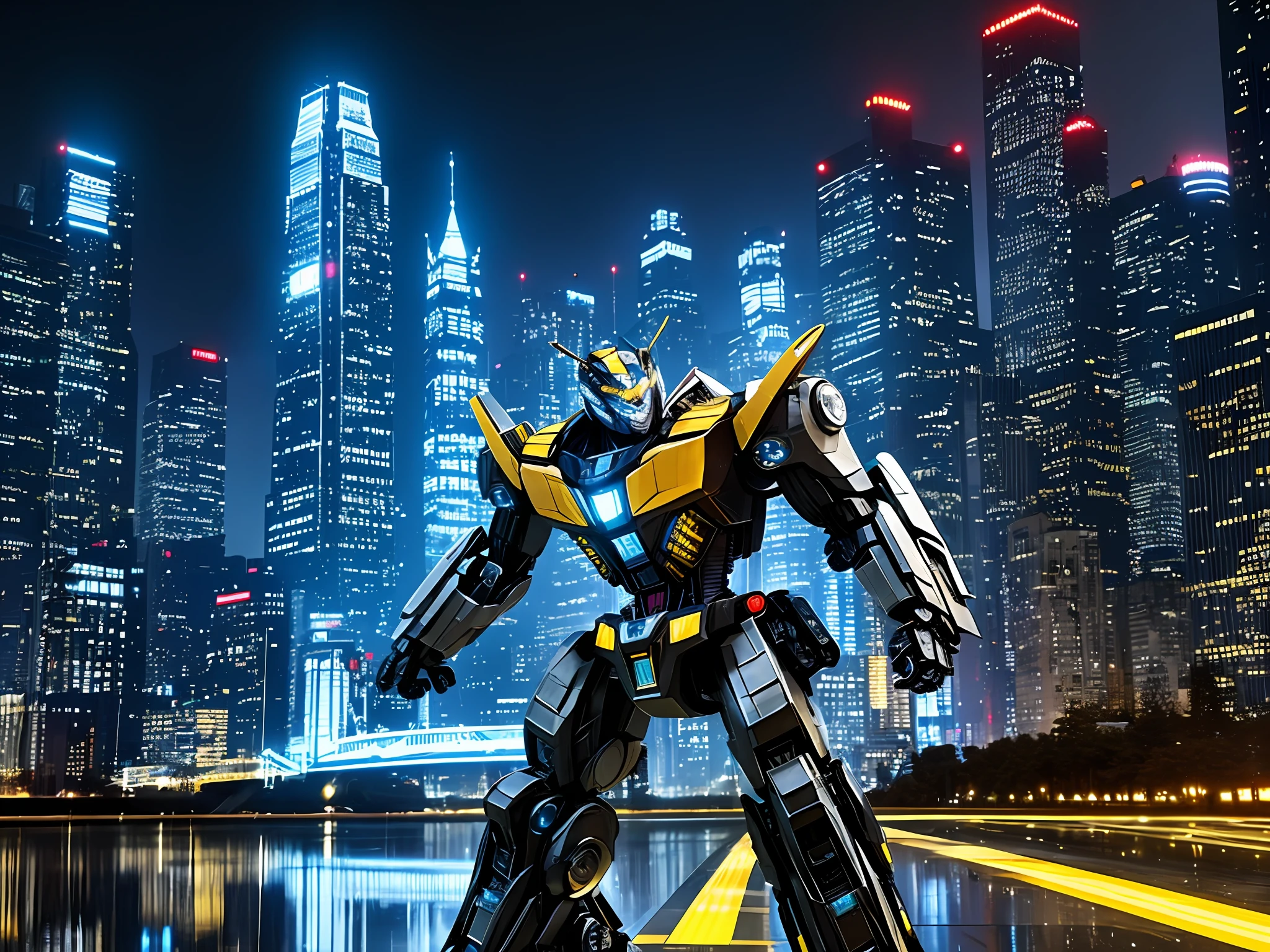 Transformers fine image, optimal picture quality, mechanical interior bumblebee, dynamic pose, rich detail, domineering side, city night, strong backlight, mecha texture, metal texture, reflection under slender city windows, ambience, super burning sparks, rich layers of urban atmosphere.