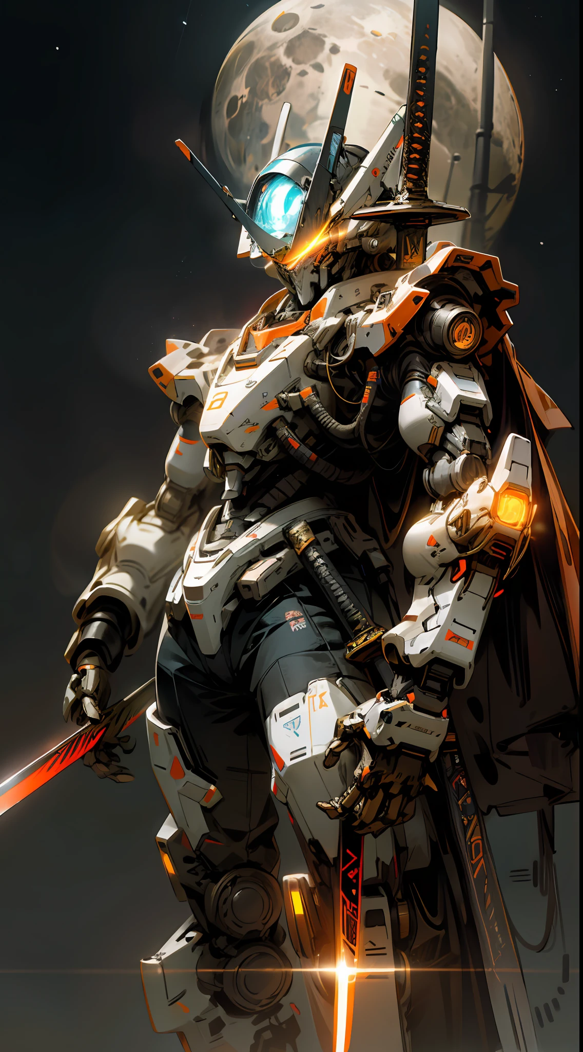 On the Moon, (with a sword in hand), no humans, glow, robot, glowing eyes, orange mech, science fiction, mecha, (galactic background), neon, cyberpunk,