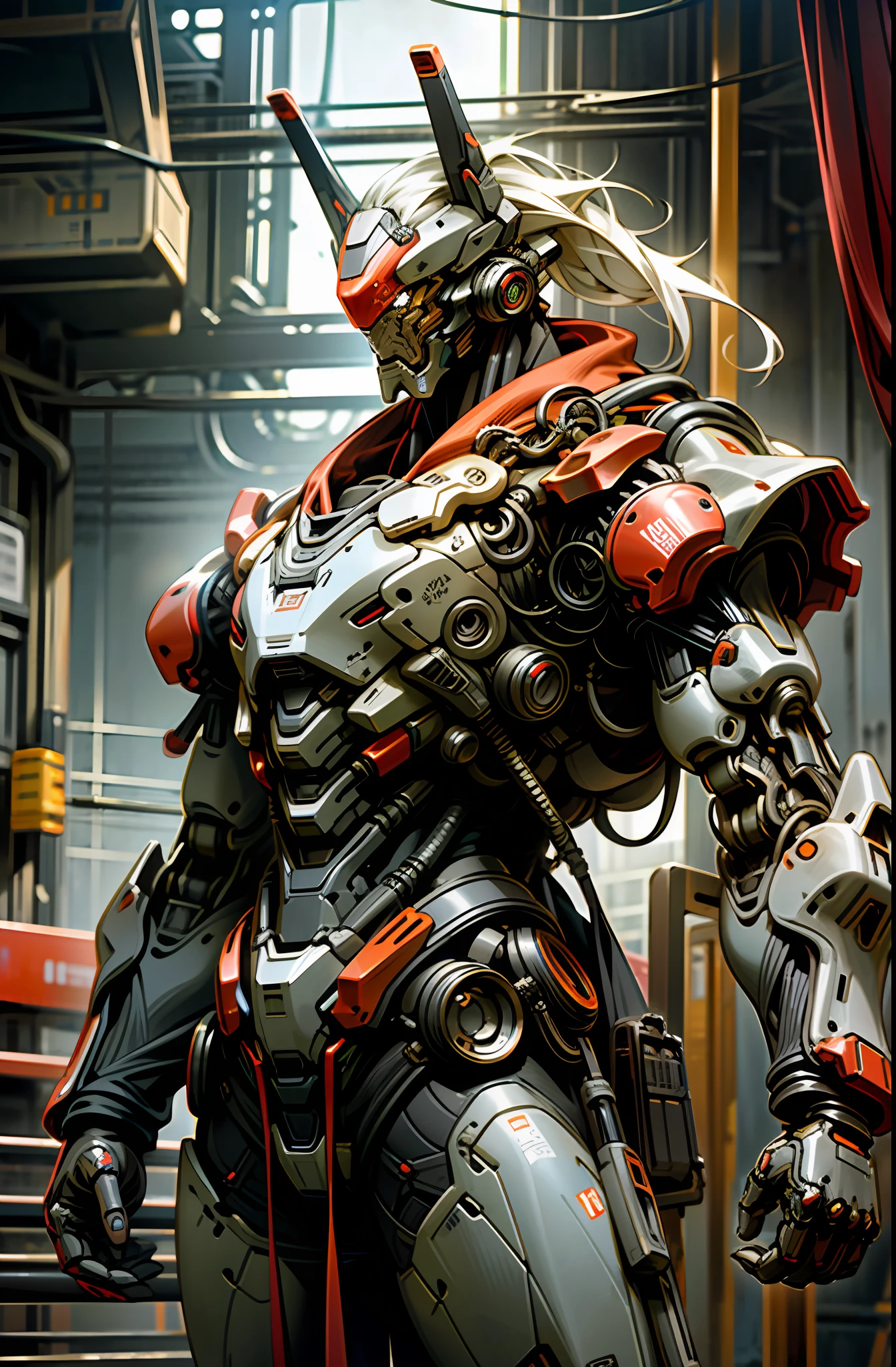 8K wallpapers, ultra-detailed works, cinematic lighting, realistic photos, Dark_Fantasy, Cyberpunk, (chain saw, chain saw man, Red: 1.1), 1man, Mechanical marvel, Robotic presence, Cybernetic guardian, wearing a worn-out mech suit , intricate, (steel metal [rust]), elegant, sharp focus, photographed by greg rutkowski, soft lighting, vibrant colors, masterpiece, ((street)), cowboy shot, dynamic pose,