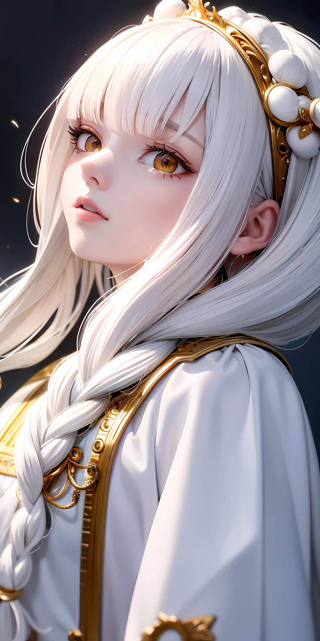 best quality, masterpiece,white hair, gold eyes,white clothes, looking up, upper body,hair strand,Fair skin,side braids