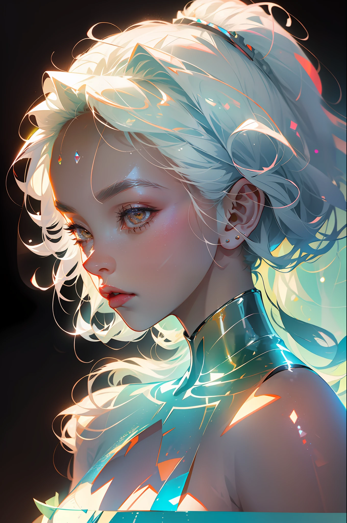 Highest quality,The perfect masterpiece,Perfect artwork,Official Works,8K,
(Upper Body Portrait:1.3),((Seen from the side:1.5)),close-up lens,Delicate face,
,White-haired girl,(hakuhatsu:1.5),short and medium hair,((White transparent eyes:1.5)),(white dress:1.2),(Transparent clothing:1.2),(Black background:1.3),
pearl illusion,Cyberpunk,fashion trend,3s material,high-definition,detail representation,c4d,3D,octane rendering,ray tracing,complex details,animated lighting,OCrenderer,