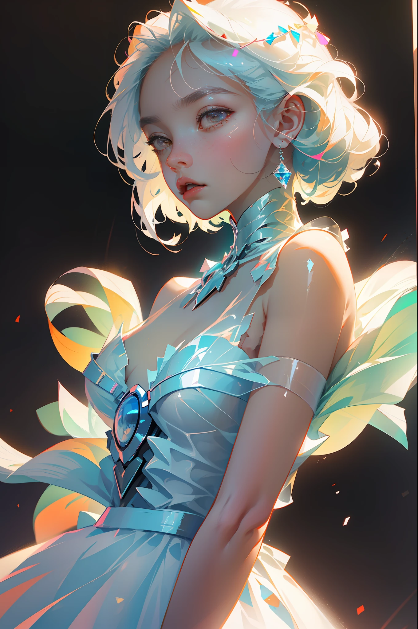Highest quality,The perfect masterpiece,Perfect artwork,Official Works,8K,
(Upper Body Portrait:1.3),((Seen from the side:1.5)),close-up lens,Delicate face,
17 years old,White-haired girl,(hakuhatsu:1.5),short and medium hair,((White transparent eyes:1.5)),(white dress:1.2),(Transparent clothing:1.2),(Black background:1.3),
pearl illusion,Cyberpunk,fashion trend,3s material,high-definition,detail representation,c4d,3D,octane rendering,ray tracing,complex details,animated lighting,OCrenderer,