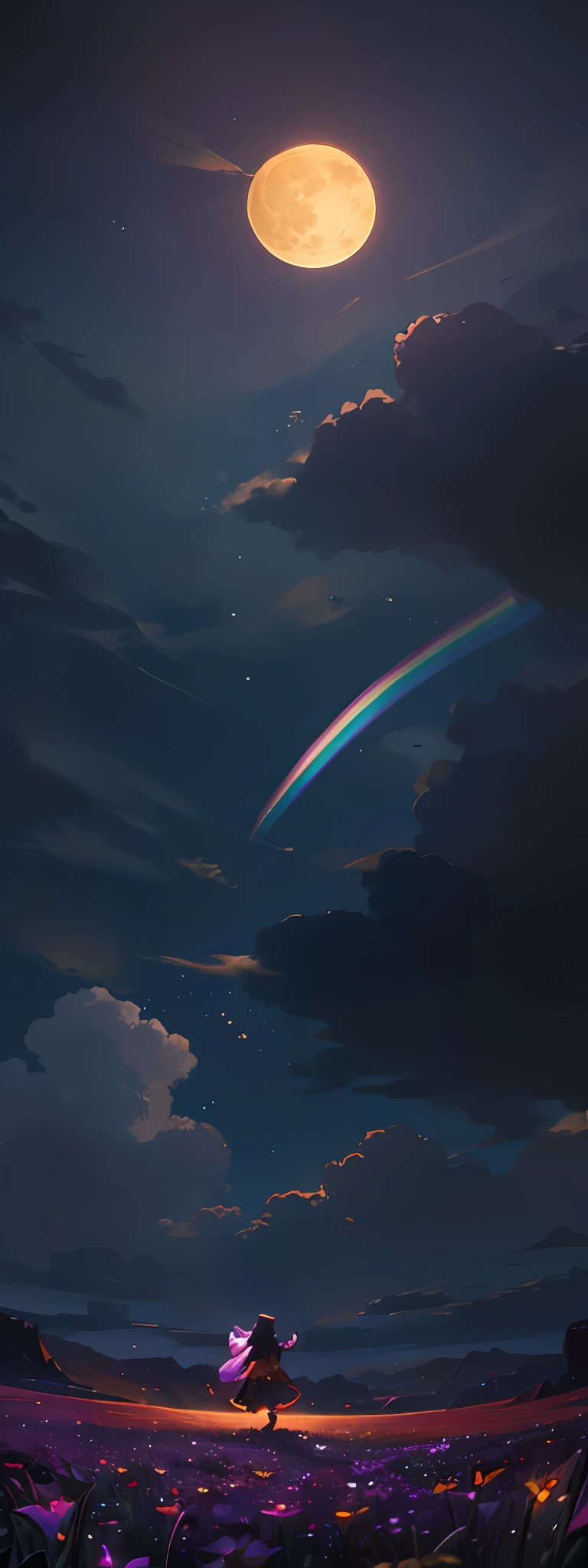 A wide landscape photo, (viewed from below, the sky is above, and the open field is below), a girl standing on a flower field looking up, (full moon: 1.2), (meteor: 0.9), (nebula: 1.3), distant mountains , Trees BREAK Crafting Art, (Warm Light: 1.2), (Firefly: 1.2), Lights, Lots of Purple and Orange, Intricate Details, Volumetric Lighting BREAK (Masterpiece: 1.2), (Best Quality), 4k, Ultra Detailed, (Dynamic Composition: 1.4), Rich in Detail and Color, (Rainbow Color: 1.2), (Glow, Atmospheric Lighting), Dreamy, Magical, (Solo: 1.2)