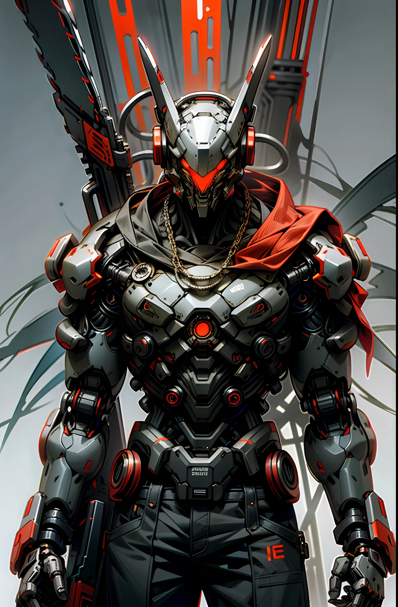 Dark_Fantasy,Cyberpunk,(chain saw,chain saw man,Red:1.1),1man,Mechanical marvel,Robotic presence,Cybernetic guardian,