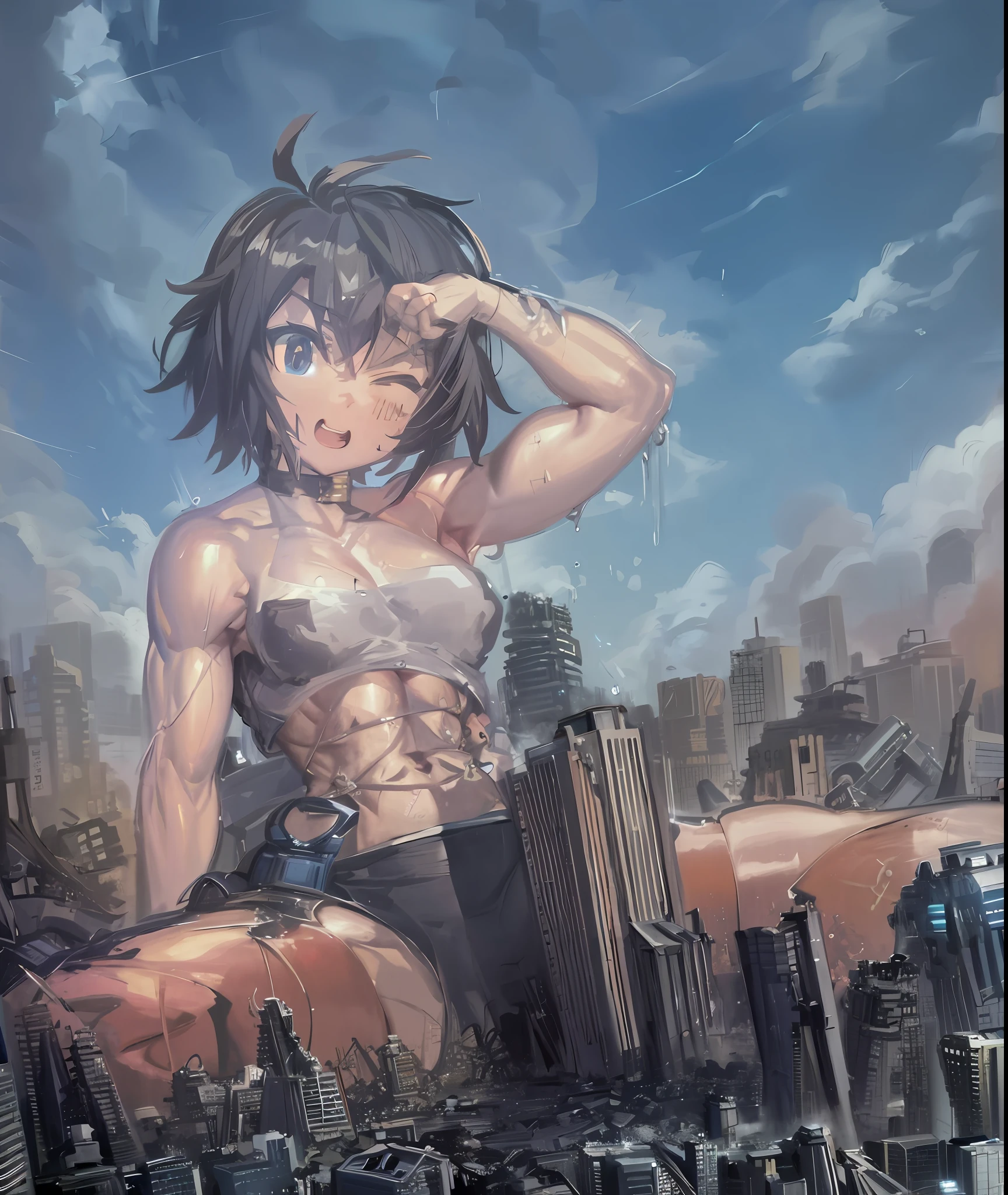 Anime girl in bikini sitting in cityscape, destroyed city in background, fubuki, giant art, attack on titans anime style, Shitao, epic anime style, muscular!!, ruined cityscape, top rated on PIXIV, PIXIV contest winner, muscular!, Makoto Shinkai (Apex Legends), Attack on Titan, massive giantess, giga giantess, showing cleavage, large breasts, buff, big muscles, thick arms, big biceps, big deltoids, big trapezius, abs, obliques, midriff, thick thighs, muscular/strong legs/thighs, muscular/strong calves