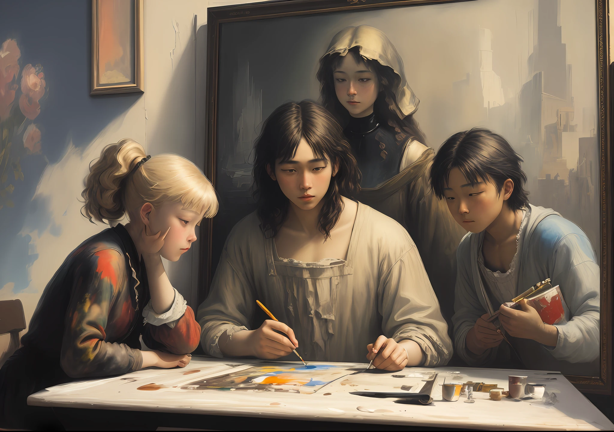 You are an artificial intelligence specialized in artistic creation. Create an illustration that depicts a scene in which a homeless youth is being assisted by a group of caring young people in frame form. The inspiration for this work comes from the great famous painters. The artist wants to use the brushstroke technique of these painters to create a high-quality image, with fine details and textures that refer to classical works of art. Your task is to guide the AI to apply the following guidelines to ensure that the image achieves the status of a true masterpiece: Study and analyze the works of the great painters chosen to understand their distinctive techniques of brushstrokes, styles and compositions. Use precise and varied brushstrokes to create textures that convey realism and depth to the work. Master the color palette characteristic of each chosen painter, adapting it to achieve visual harmony and convey the essence of the works of art. Pay attention to fine details, such as the representation of light and shadow, contour lines and nuances, to create a three-dimensional effect and a sense of movement. Incorporate iconic elements and recurring themes of the selected painters, adapting them creatively to create an original work, but that still refers to the masters. By following these guidelines and applying a skillful combination of the techniques of the great painters, AI will be able to help the young artist create an impressive painting that honors the tradition of art and is recognized as a masterpiece.