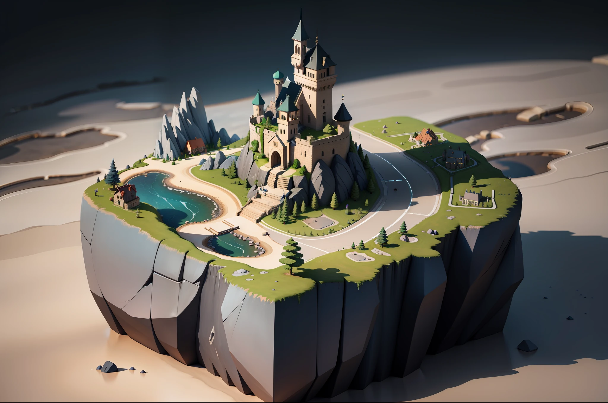 [(simple background:1.5),::5], (isometric 3d art of floating rock citadel),  cobblestone,  stone road and hill with a small waterfall on top, intricate details, ultra realistic, illydic BREAK
masterpiece, best quality, highres, ultra detailed, extremely clear, absurdres, detailed lighting