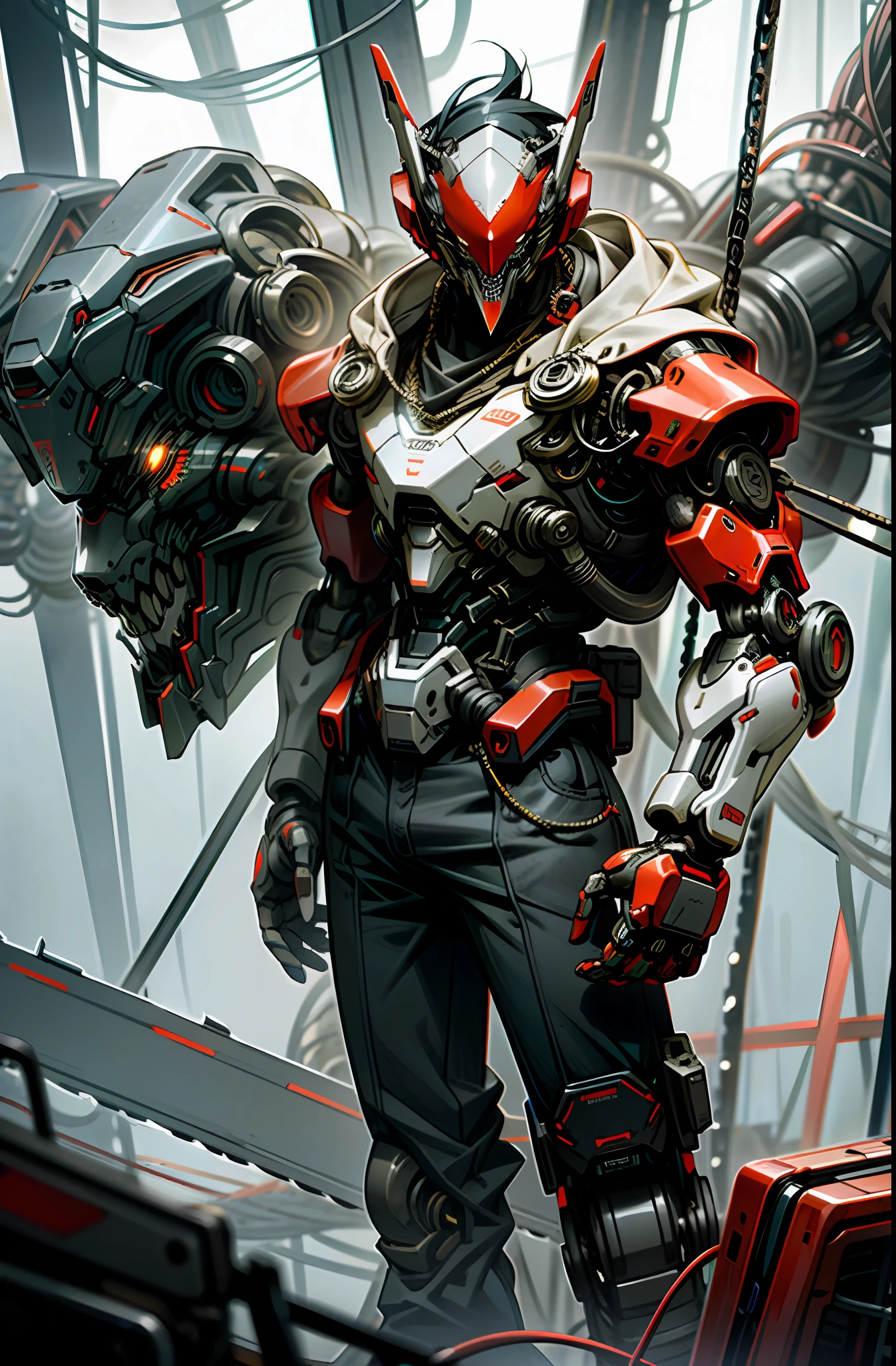 Dark_Fantasy,Cyberpunk,(chain saw,chain saw man,Red:1.1),1man,Mechanical marvel,Robotic presence,Cybernetic guardian,