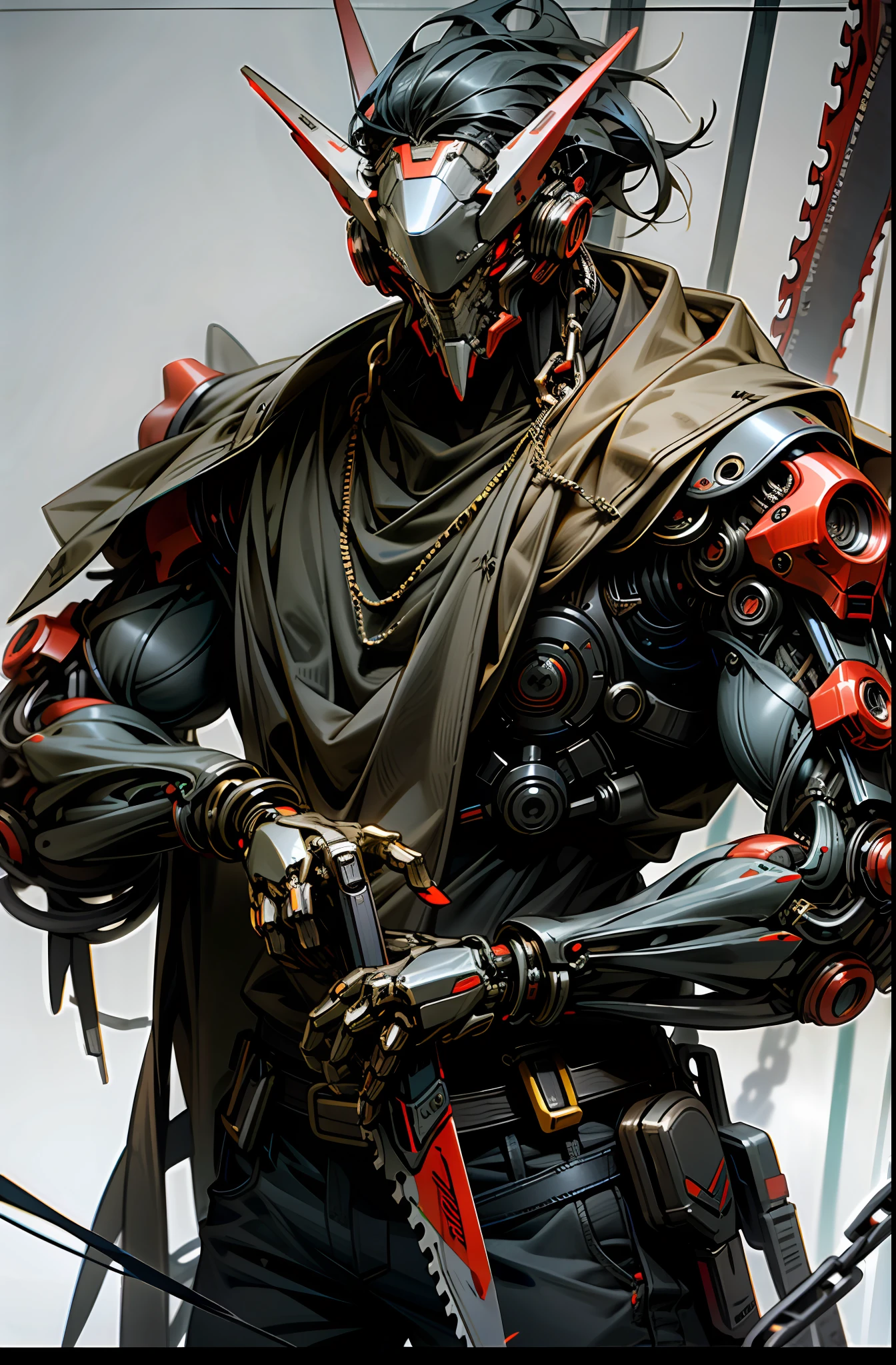 Dark_Fantasy,Cyberpunk,(chain saw,chain saw man,Red:1.1),1man,Mechanical marvel,Robotic presence,Cybernetic guardian,