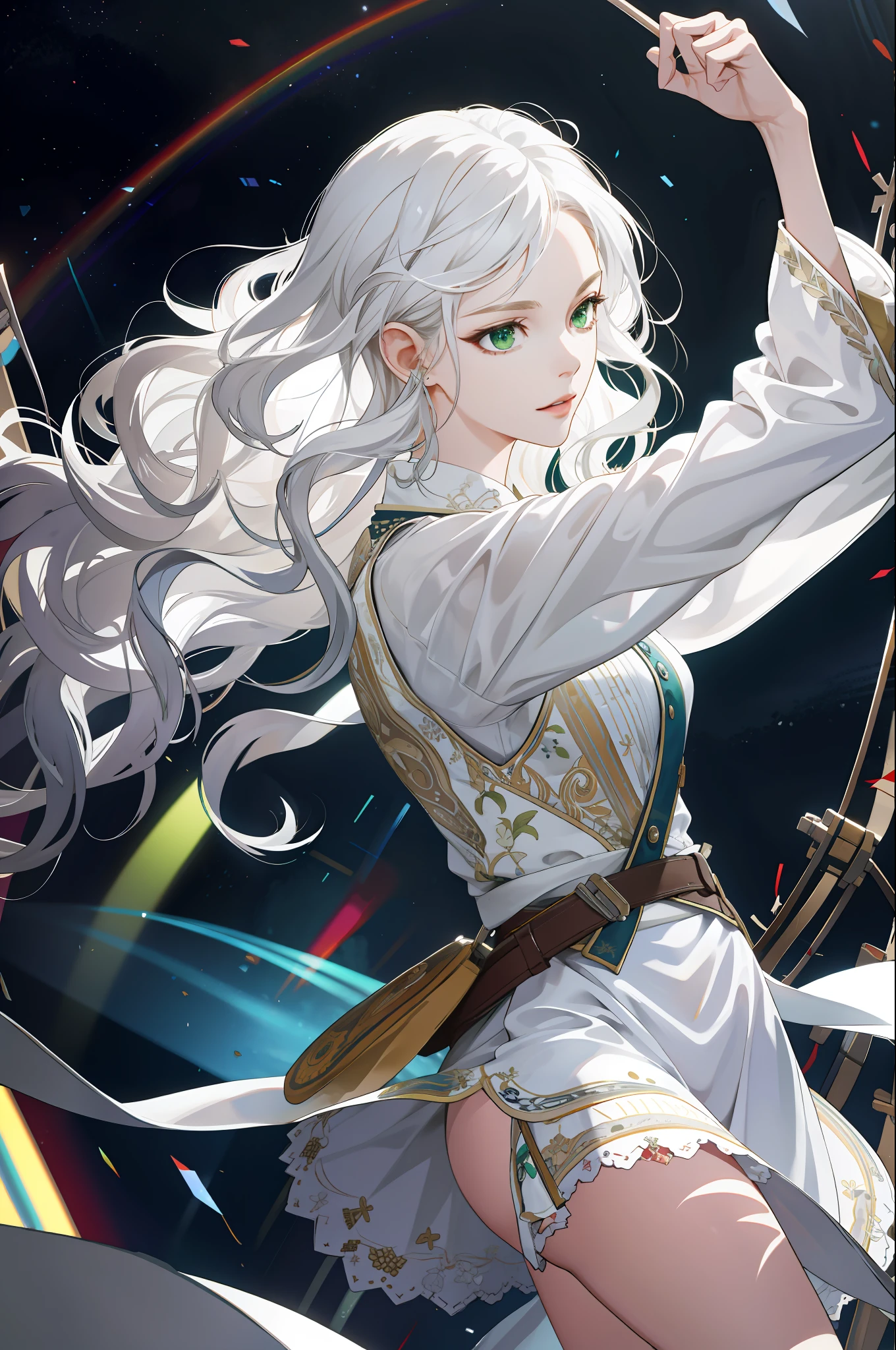 (absurdres, highres, ultra detailed), 1girl, mature female, wavy hair, long white hair, green eyes, white long dress, long sleeves, finely detailed eyes and detailed face, intricate details, sexy BREAK , basket weaving, traditional craftsmanship, natural materials, intricate patterns, functional art, textile techniques, cultural heritage BREAK , light painting, long exposure, dynamic streaks, luminous trails, vibrant colors, fluid movement, captivating patterns, creative experimentation BREAK , Dancer, grace, elegance, captivating movements, performance, entrancing dance, combat agility, (cowboy shot:1.3)