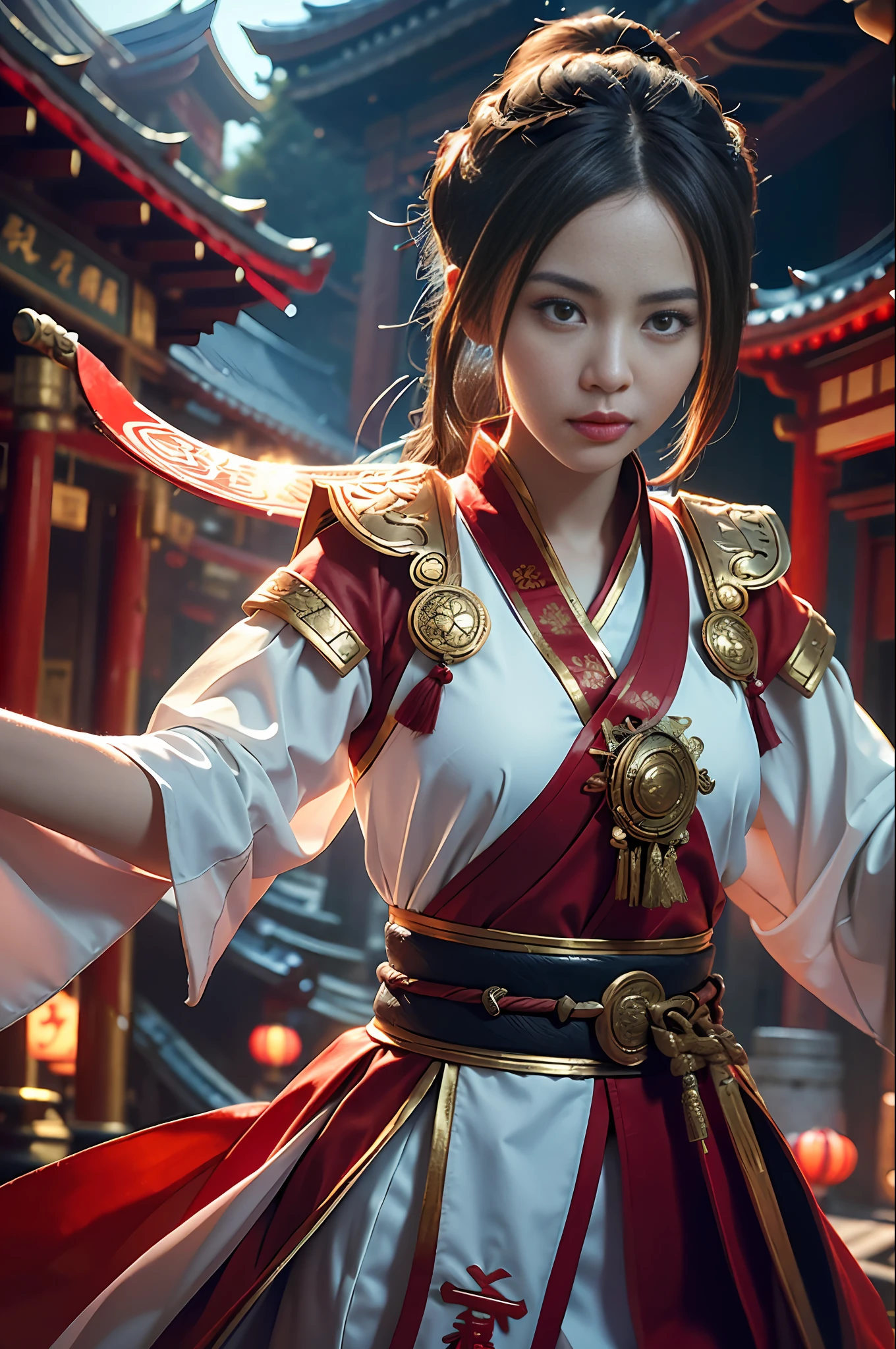 Best Quality, Masterpiece, Ultra High Resolution, (Realistic: 1.4), Xiuxian, Weapon, Detail Face,
1 girl, red clothes, solo, weapon, (magic circle: 1.2), Xiuxian, upper body, beautiful girl, half, East Asian architecture, sheath, construction,