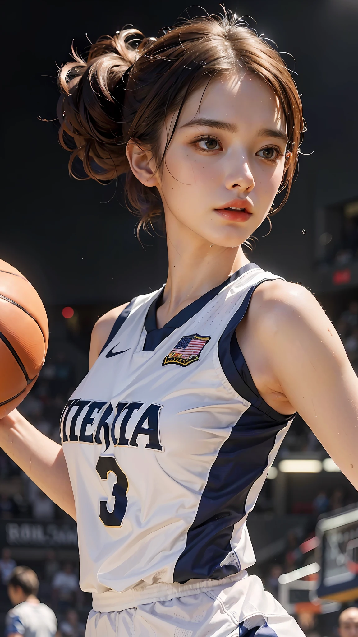 Top Quality, Ultra High Resolution, (Photorealistic: 1.4), 8K Resolution, (Woman in Basketball uniform), (Random Hair: 1.3), (Realistic Hair: 1.2), (Realistic Eyes: 1.2), (Beauty Face: 1.3), (large breasts), (Wet Skin: 1.2),(dynamic angle:1.1),