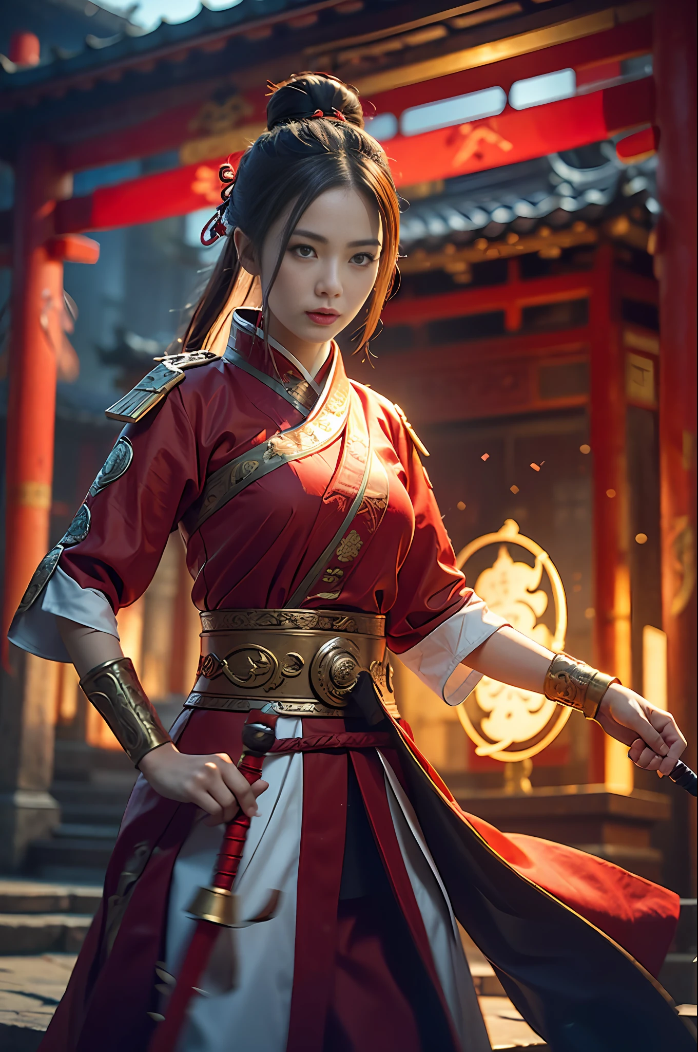 Best Quality, Masterpiece, Ultra High Resolution, (Realistic: 1.4), Xiuxian, Weapon, Detail Face,
1 girl, red clothes, solo, weapon, (magic circle: 1.2), Xiuxian, upper body, beautiful girl, half, East Asian architecture, sheath, construction,