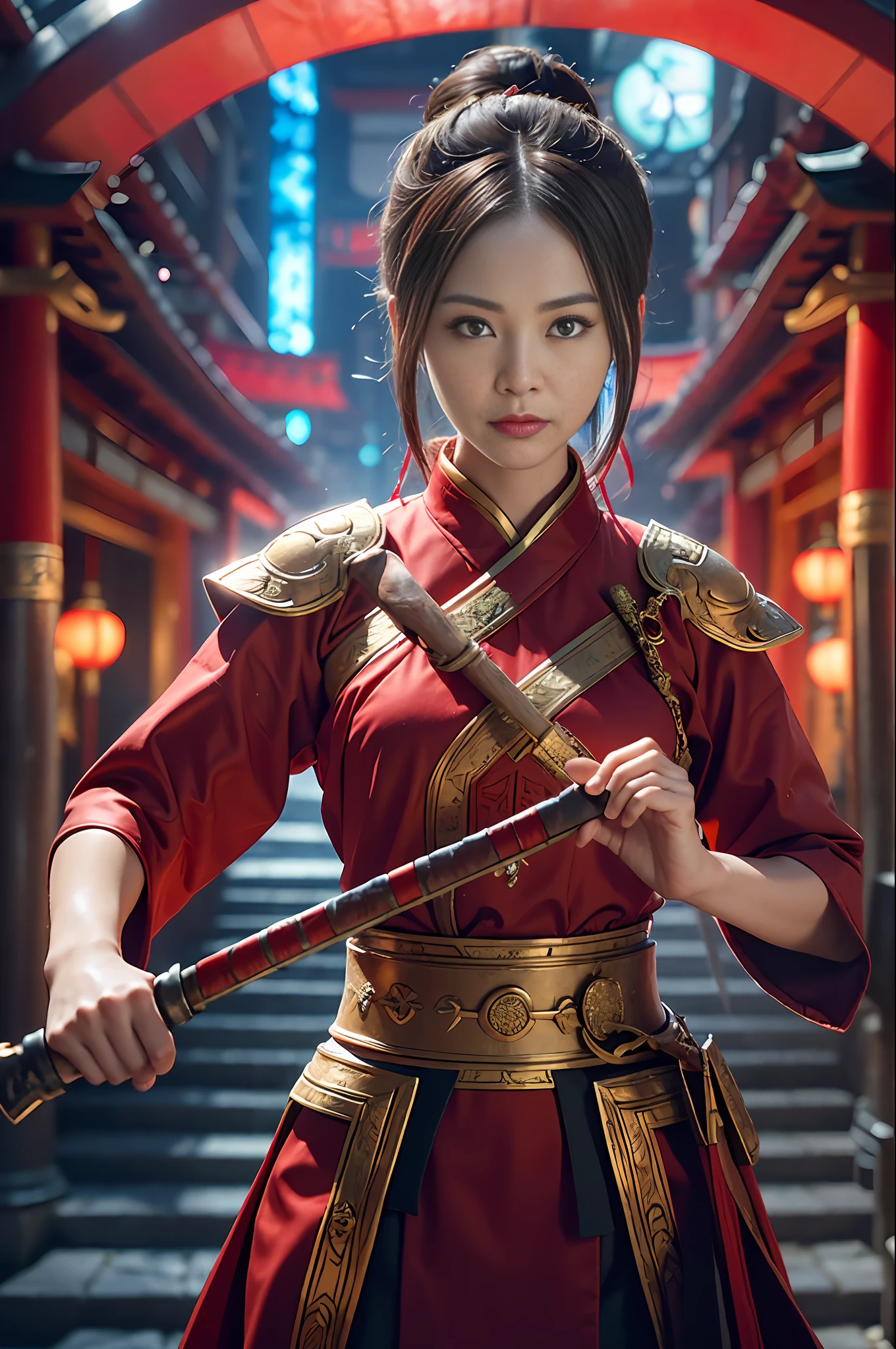 Best Quality, Masterpiece, Ultra High Resolution, (Realistic: 1.4), Xiuxian, Weapon, Detail Face,
1 girl, red clothes, solo, weapon, (magic circle: 1.2), Xiuxian, upper body, beautiful girl, half, East Asian architecture, sheath, construction,