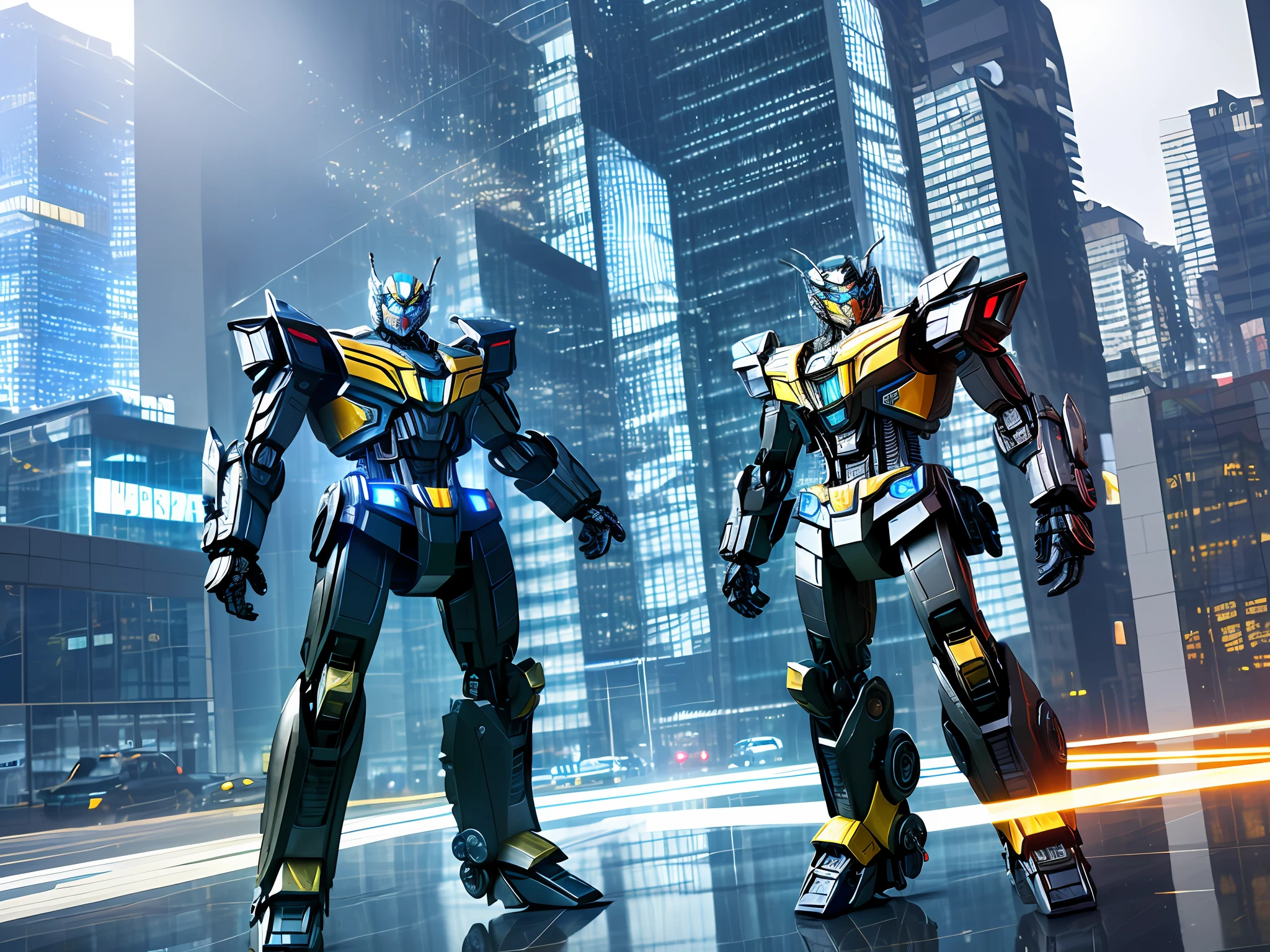 Transformers fine image, optimal picture quality, mechanical interior bumblebee, dynamic pose, rich detail, domineering side-stand, mecha texture, metallic texture, reflection under slim city windows, ambilight, super burning spark, dash combat
