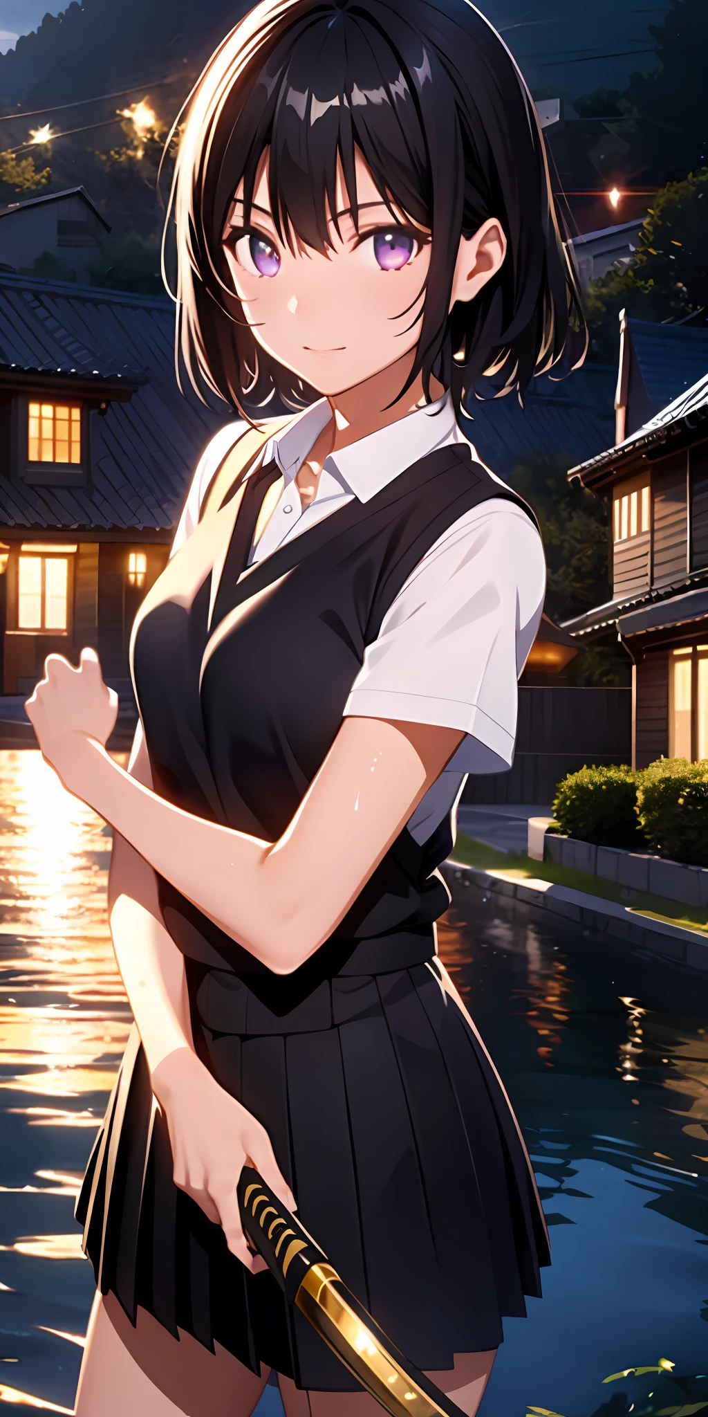 1girl, black hair, golden eye, katana, water, wet houses, glowing, sidelighting, wallpaper,