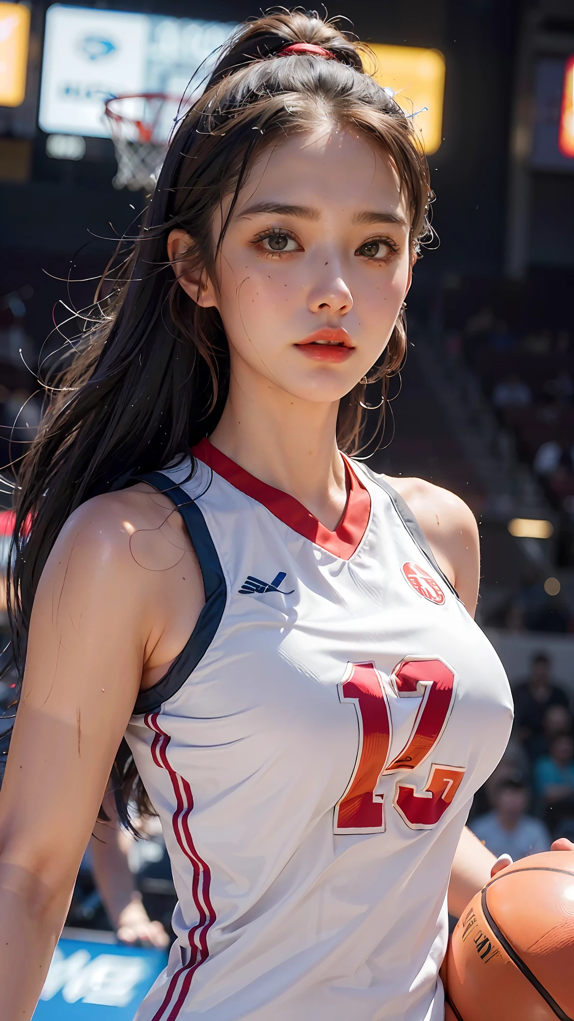Top Quality, Ultra High Resolution, (Photorealistic: 1.4), 8K Resolution, (Woman in Basketball uniform), (Random Hair: 1.3), (Realistic Hair: 1.2), (Realistic Eyes: 1.2), (Beauty Face: 1.3), (large breasts), (Wet Skin: 1.2),(dynamic angle:1.1),