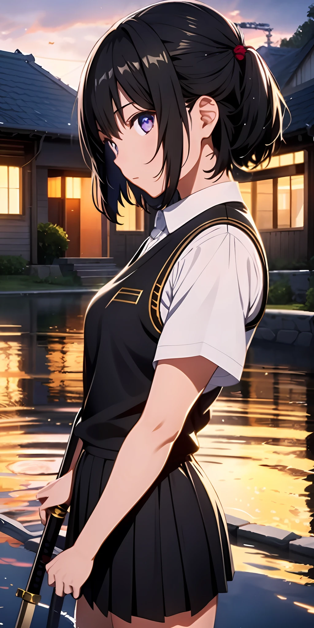 1girl, black hair, golden eye, katana, water, wet houses, glowing, sidelighting, wallpaper,