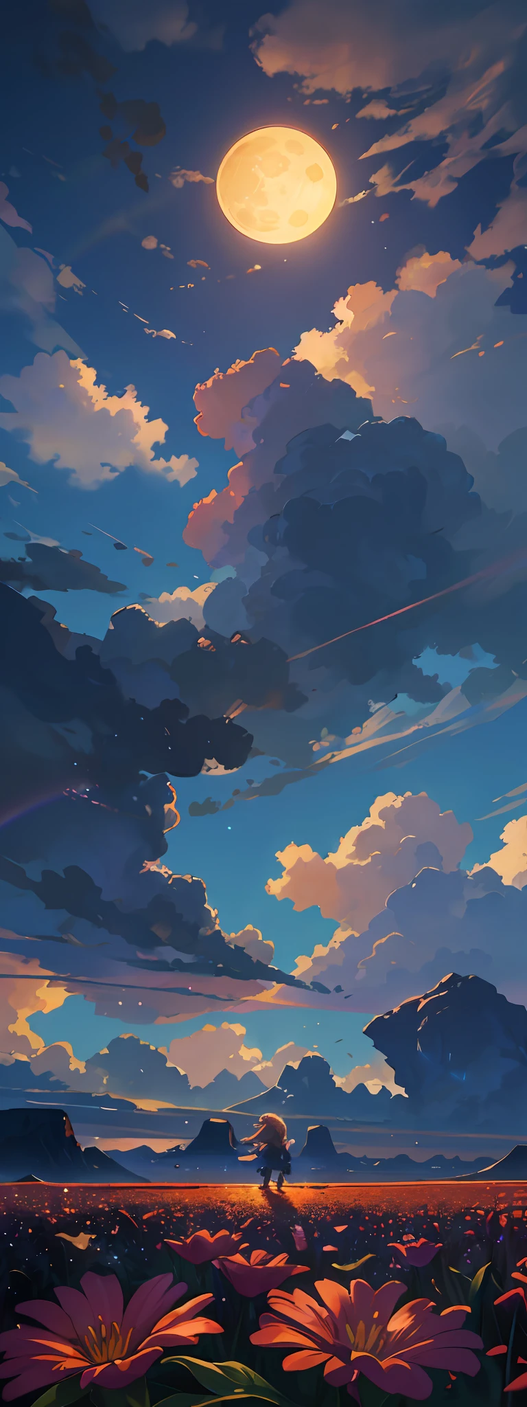 A wide landscape photo, (viewed from below, the sky is above, and the open field is below), a girl standing on a flower field looking up, (full moon: 1.2), (meteor: 0.9), (nebula: 1.3), distant mountains , Trees BREAK Crafting Art, (Warm Light: 1.2), (Firefly: 1.2), Lights, Lots of Purple and Orange, Intricate Details, Volumetric Lighting BREAK (Masterpiece: 1.2), (Best Quality), 4k, Ultra Detailed, (Dynamic Composition: 1.4), Rich in Detail and Color, (Rainbow Color: 1.2), (Glow, Atmospheric Lighting), Dreamy, Magical, (Solo: 1.2)