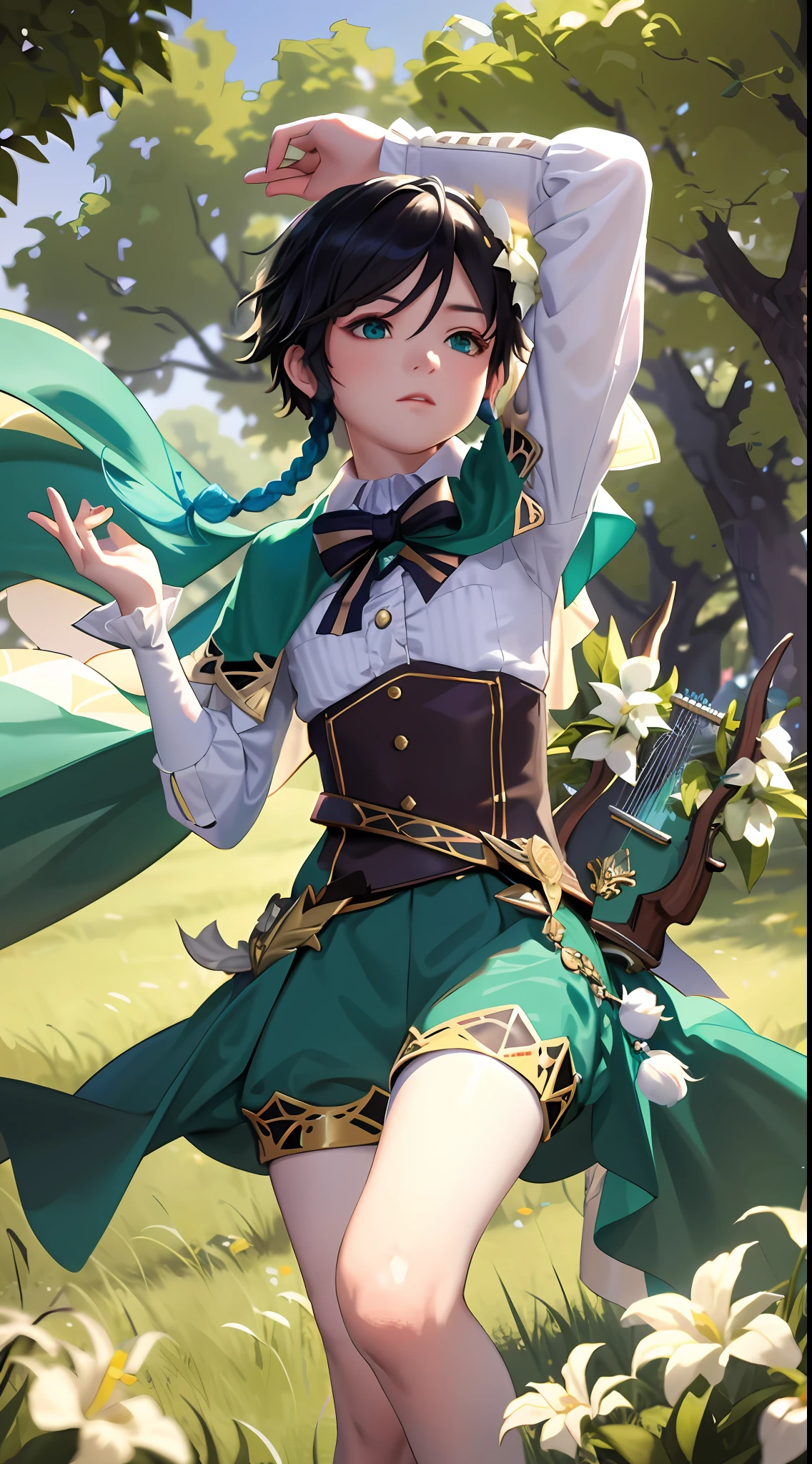 Masterpiece, Best Quality, (Night: 1.6), 1boy, Male Focus, Venti (Genshin Impact), Solo, Green Headdress, Hat, Flowers, Multicolored Hair, Long Sleeves, Braids, Frilly Sleeves, Lyre, Collared Cloak, Double Braid, Berets, Shirts, Long Lock Short Hair, White Flowers, Leaves, Musical Instruments, Bows, Blue Hair, Gradient Hair, Brunette Hair, Bangs, White Shirt, Ruffles, Handheld Instrument, Cloak, Corset, Green Eyes, Collared Shirt, Hermaphroditic, Musical Notes, Holding, outdoors, looking at the audience, (kbxll:0.6)