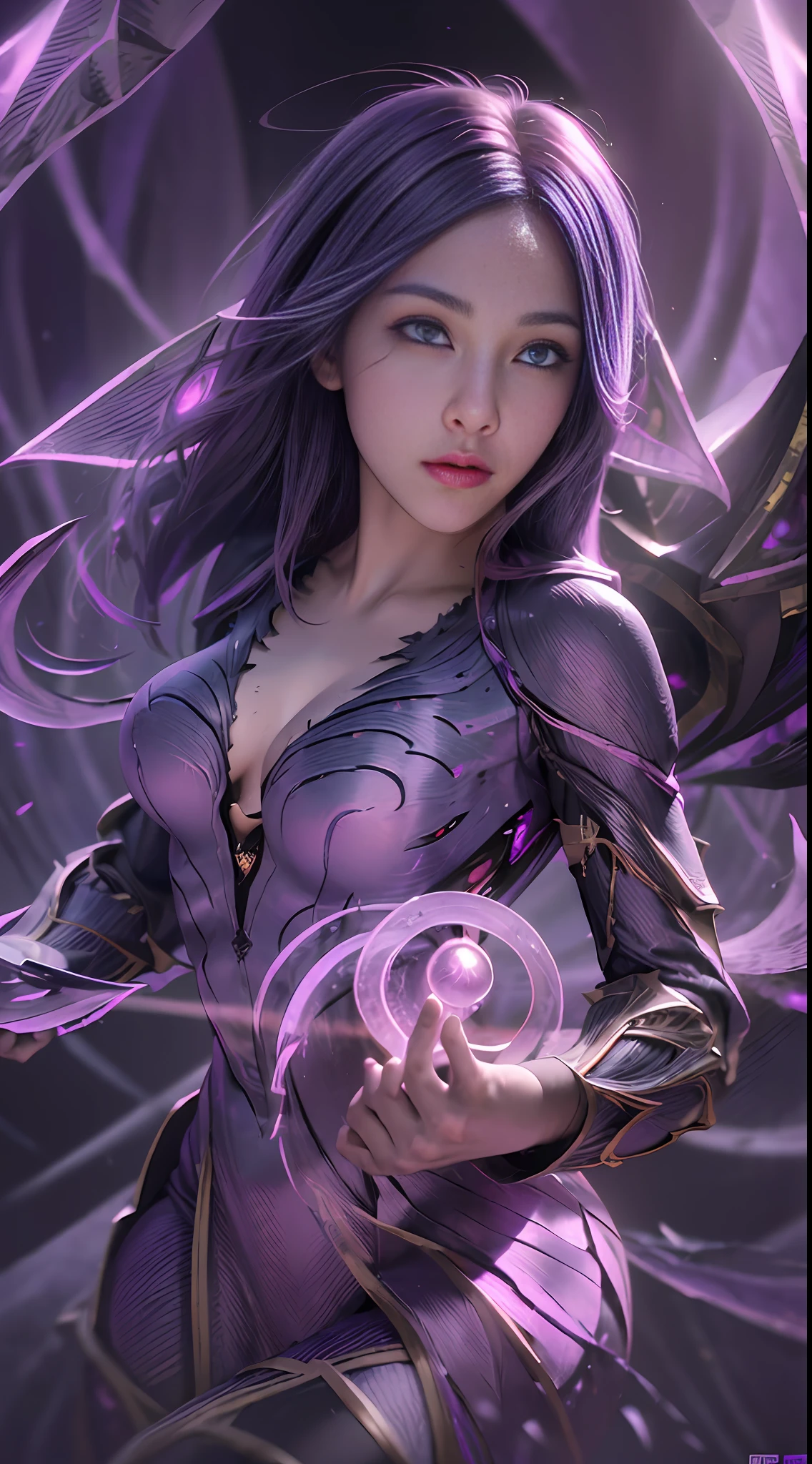 (masterpiece:1.3), (8k, photorealistic, RAW photo, best quality: 1.4), (1girl), beautiful face, (realistic face)cinematic lighting, stereogram, UHD, masterpiece, ccurate, super detail, Award Winning, Best Quality, Highres, 16K League of Legends, 1Girl, Characters: (Huge) (Void Wings: 2), (Monster Beauty), (Dark Breath), (Featherwing), (Curvy Body), (Flaming Red Eyes), (Mystic Veil), (Wild Confidence)
Movements & Stances: (Flying Levitation), (Magic), (Void Energy Surge), (Purple Energy Burst), (Mysterious Vortex Surrounding), (Majestic Gaze), (Void Crack Open), (Mysterious Stance)
Magic Scene: (Purple Void Warp), (Mystic Rune Stone Pillar), (Flickering Purple Energy Chain), (Void Warp Crack), (Mystic Magic Array), (Purple Energy Vortex), (Mystic Purple Aura), (Mystic Magic Rune)
Environment Atmosphere: (Mysterious Void Air Breath), (Magic Energy Diffuse), (Void Power Surge), (Purple Magic Light), (Mysterious Dark Atmosphere), (Void Energy Vortex), (Mysterious Magic Energy Resonance), (Mysterious Void Sound)
Visuals: (Purple Energy Light Bloom), (Void Rune Flicker), (Magic Energy Fluctuation), (Void Warp Effect), (Purple Energy Staggered Texture), (Mystic Purple Light), (Void Energy Surge), (Purple Magic Spark)