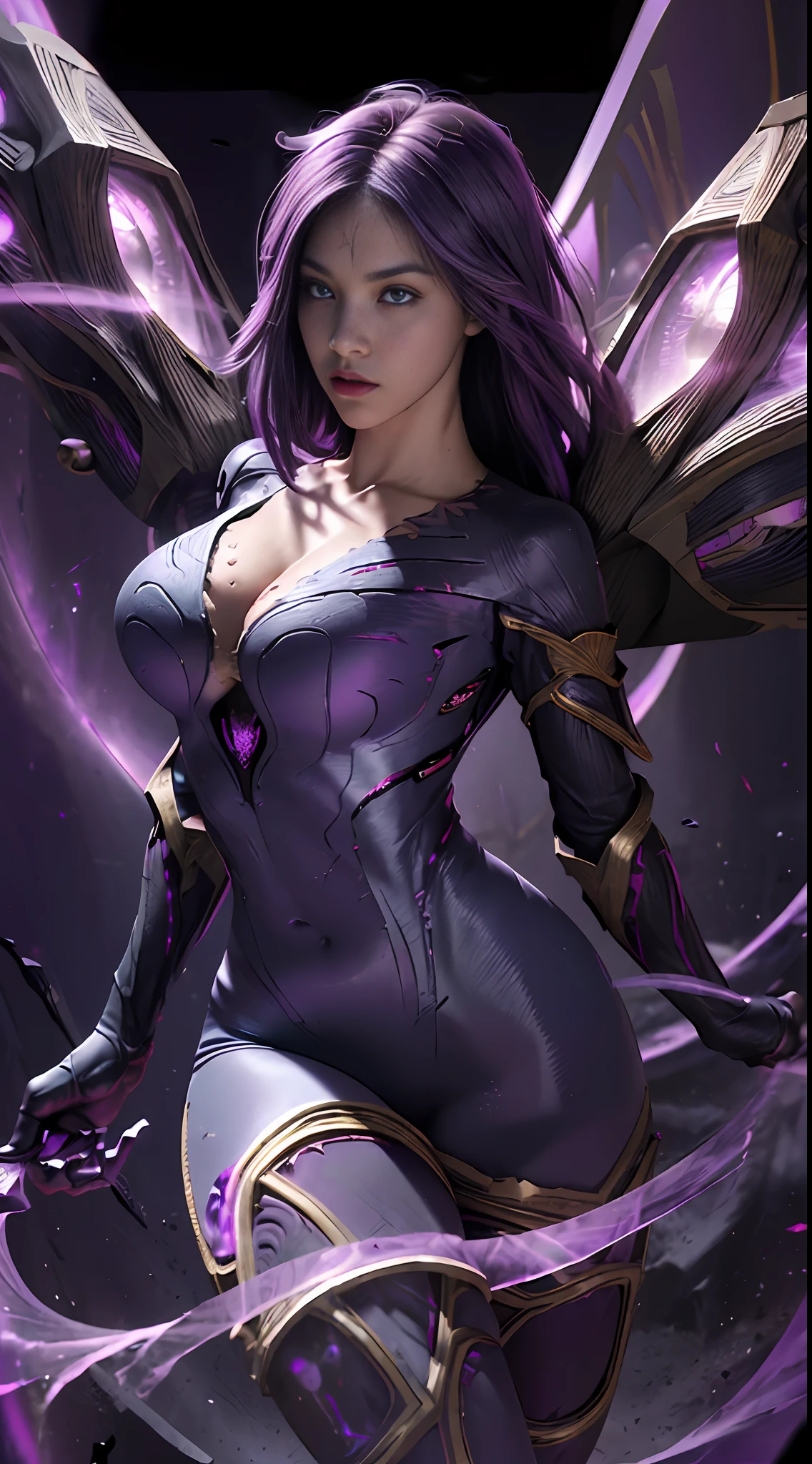 (masterpiece:1.3), (8k, photorealistic, RAW photo, best quality: 1.4), (1girl), beautiful face, (realistic face)cinematic lighting, stereogram, UHD, masterpiece, ccurate, super detail, Award Winning, Best Quality, Highres, 16K League of Legends, 1Girl, Characters: (Huge) (Void Wings: 2), (Monster Beauty), (Dark Breath), (Featherwing), (Curvy Body), (Flaming Red Eyes), (Mystic Veil), (Wild Confidence)
Movements & Stances: (Flying Levitation), (Casting Magic), (Void Energy Surge), (Purple Energy Burst), (Mysterious Vortex Surrounding), (Majestic Gaze), (Void Crack Open), (Mysterious Stance)
Magic Scene: (Purple Void Warp), (Mystic Rune Stone Pillar), (Flickering Purple Energy Chain), (Void Warp Crack), (Mystic Magic Array), (Purple Energy Vortex), (Mystic Purple Aura), (Mystic Magic Rune)
Environment Atmosphere: (Mysterious Void Air Breath), (Magic Energy Diffuse), (Void Power Surge), (Purple Magic Light), (Mysterious Dark Atmosphere), (Void Energy Vortex), (Mysterious Magic Energy Resonance), (Mysterious Void Sound)
Visuals: (Purple Energy Light Bloom), (Void Rune Flicker), (Magic Energy Fluctuation), (Void Warp Effect), (Purple Energy Staggered Texture), (Mystic Purple Light), (Void Energy Surge), (Purple Magic Spark)