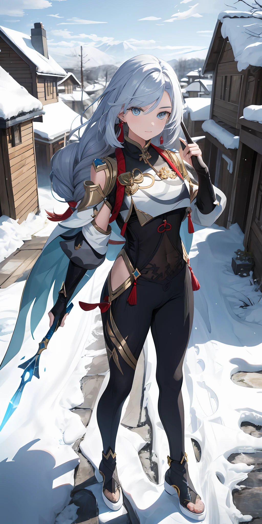 1girl, beautiful hair, golden eye, spear, ice, frozen houses, sparkling, sidelighting, wallpaper,