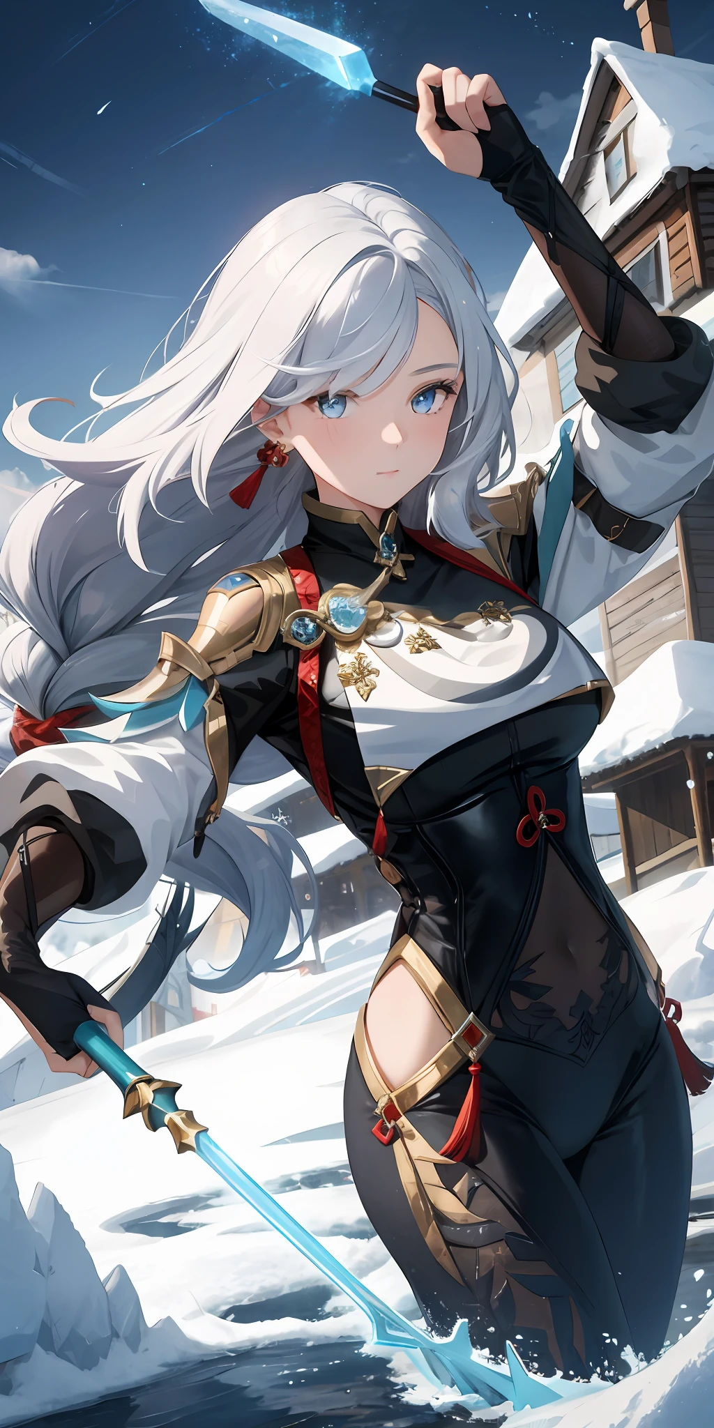 1girl, beautiful hair, golden eye, spear, ice, frozen houses, sparkling, sidelighting, wallpaper,