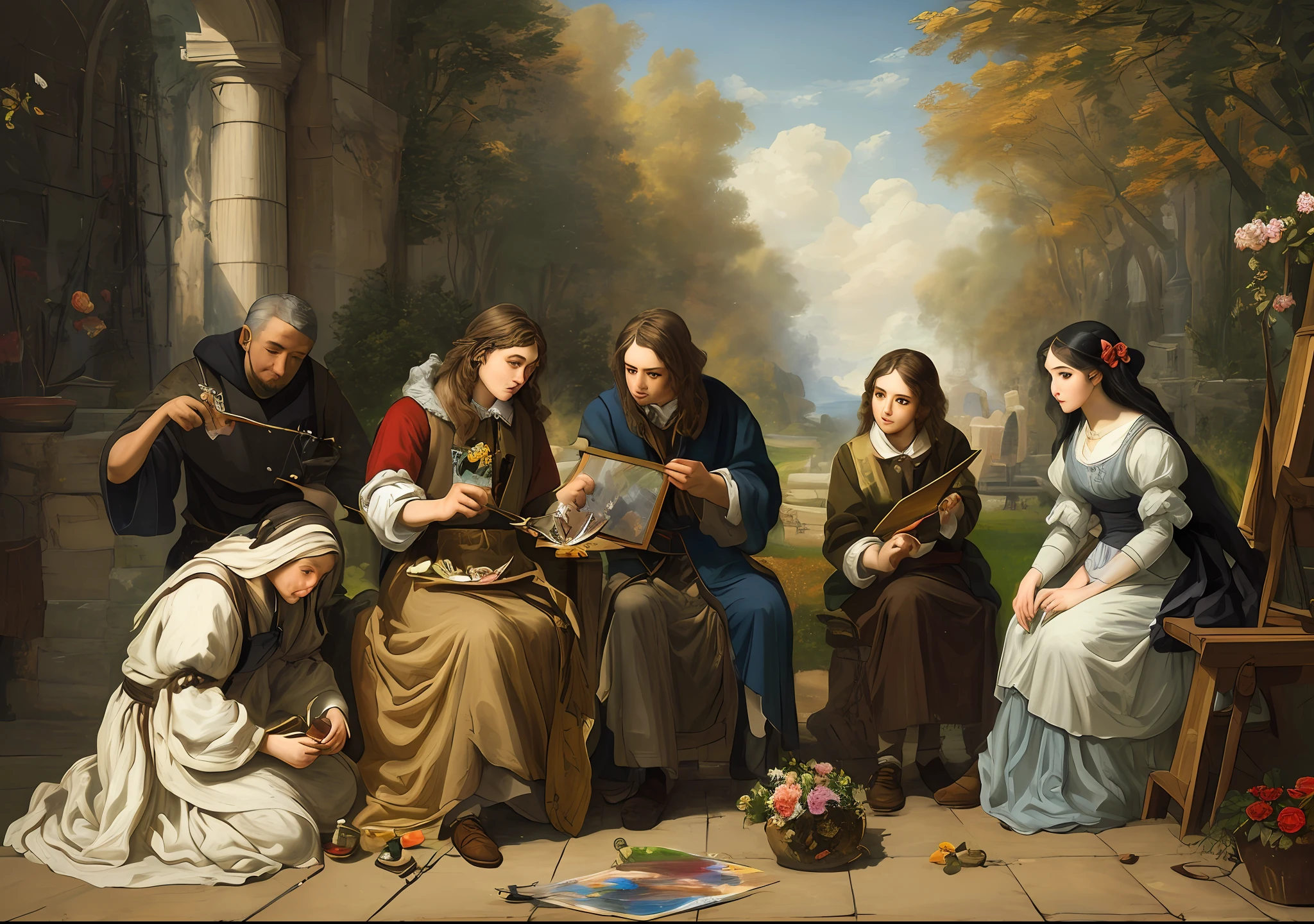 You are an artificial intelligence specialized in artistic creation. Create an illustration that depicts a scene in which a homeless youth is being assisted by a group of caring young people in frame form. The inspiration for this work comes from the great famous painters. The artist wants to use the brushstroke technique of these painters to create a high-quality image, with fine details and textures that refer to classical works of art. Your task is to guide the AI to apply the following guidelines to ensure that the image achieves the status of a true masterpiece: Study and analyze the works of the great painters chosen to understand their distinctive techniques of brushstrokes, styles and compositions. Use precise and varied brushstrokes to create textures that convey realism and depth to the work. Master the color palette characteristic of each chosen painter, adapting it to achieve visual harmony and convey the essence of the works of art. Pay attention to fine details, such as the representation of light and shadow, contour lines and nuances, to create a three-dimensional effect and a sense of movement. Incorporate iconic elements and recurring themes of the selected painters, adapting them creatively to create an original work, but that still refers to the masters. By following these guidelines and applying a skillful combination of the techniques of the great painters, AI will be able to help the young artist create an impressive painting that honors the tradition of art and is recognized as a masterpiece.