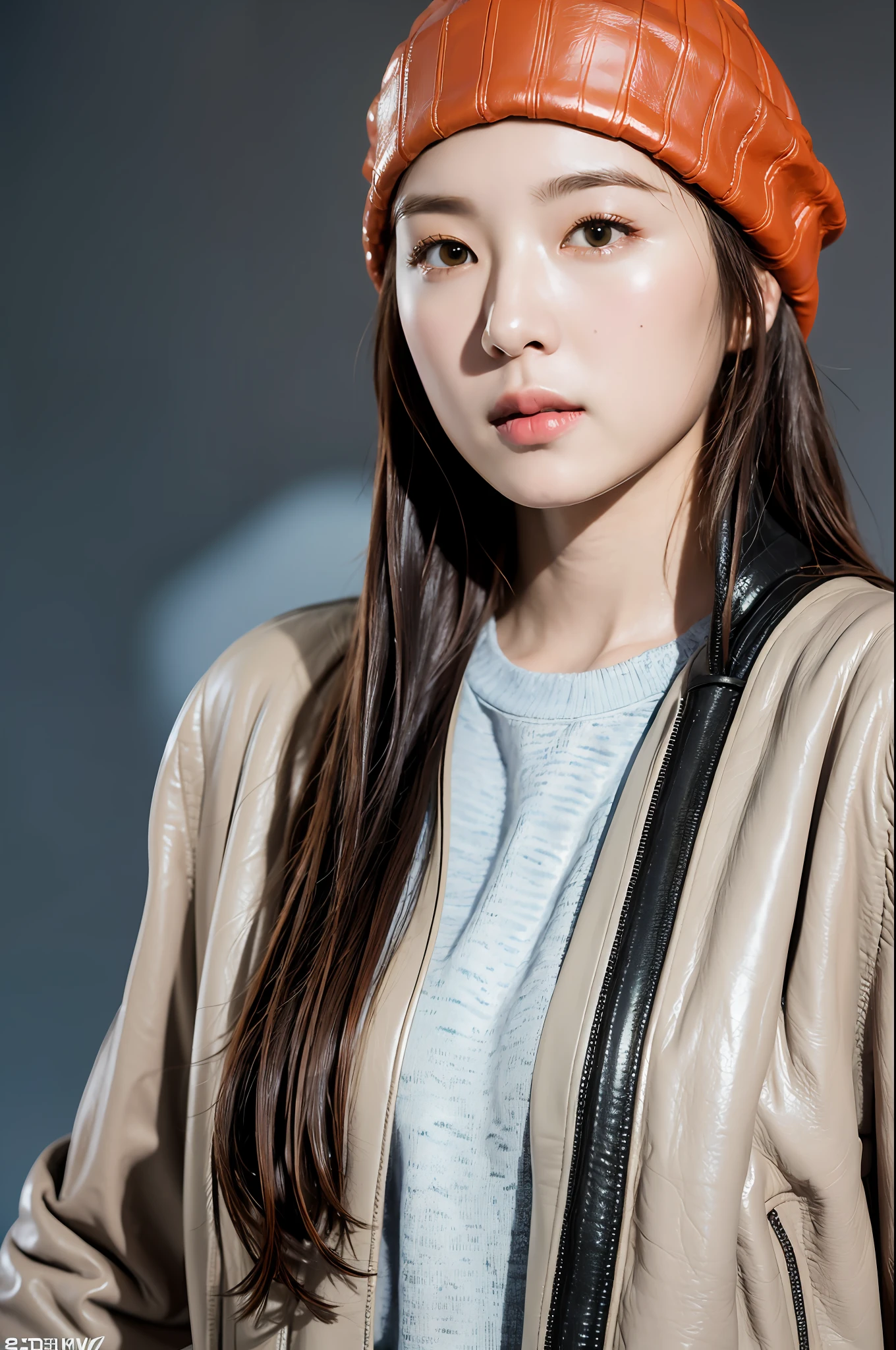 (
(8k:1.27), best quality, masterpiece, ultra highres:1.2) Photo of Pretty Japanese woman
(beautiful:1.1) (sci-fi warrior woman:1.1) space soldier, (beanie:1.61) (leather jacket:1.21) intricate elegant, fantasy, detailed, ometric by greg rutkowski and alphonse mucha, gradient lighting,nude