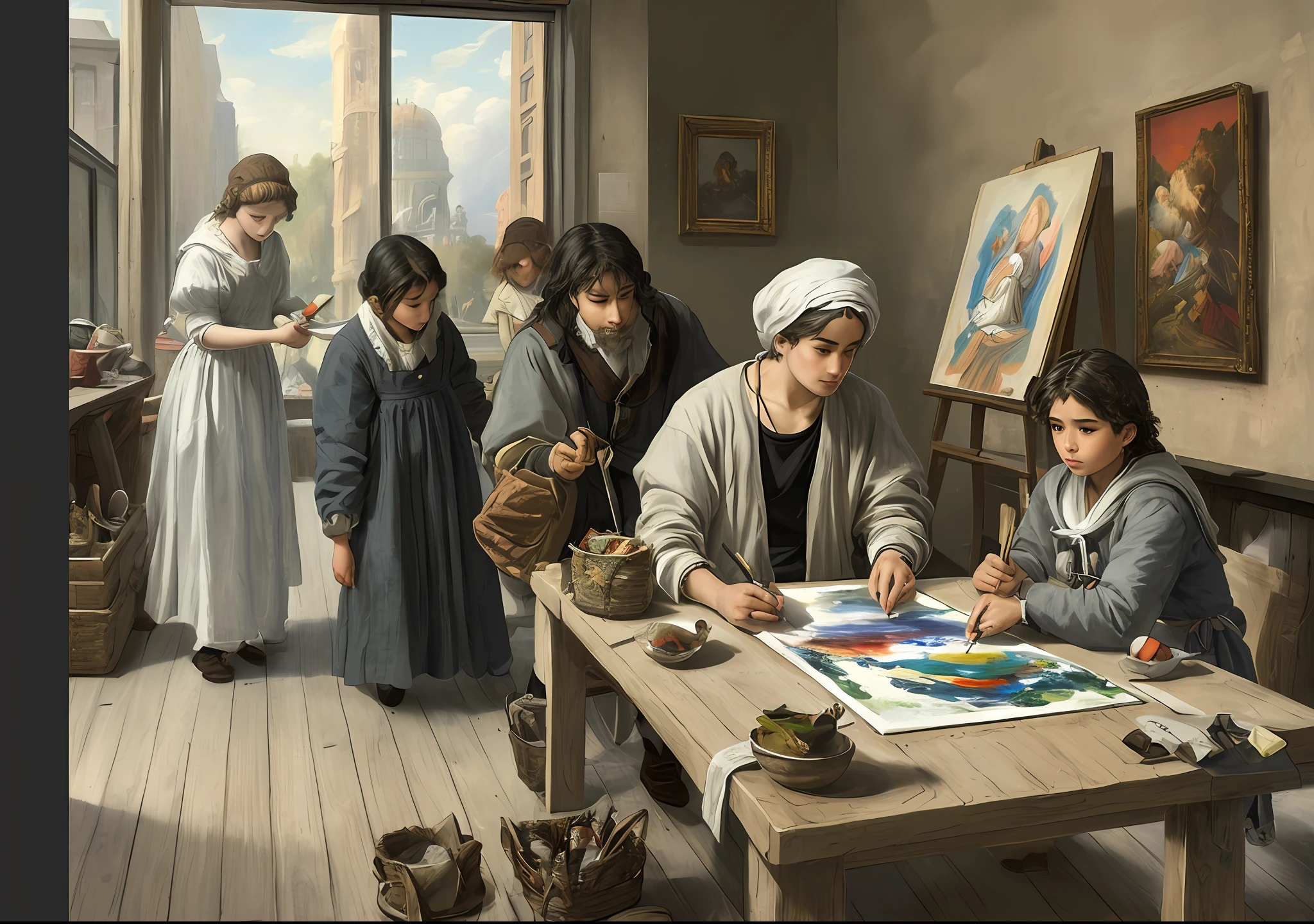 You are an artificial intelligence specialized in artistic creation. Create an illustration that depicts a scene in which a homeless youth is being assisted by a group of caring young people in frame form. The inspiration for this work comes from the great famous painters. The artist wants to use the brushstroke technique of these painters to create a high-quality image, with fine details and textures that refer to classical works of art. Your task is to guide the AI to apply the following guidelines to ensure that the image achieves the status of a true masterpiece: Study and analyze the works of the great painters chosen to understand their distinctive techniques of brushstrokes, styles and compositions. Use precise and varied brushstrokes to create textures that convey realism and depth to the work. Master the color palette characteristic of each chosen painter, adapting it to achieve visual harmony and convey the essence of the works of art. Pay attention to fine details, such as the representation of light and shadow, contour lines and nuances, to create a three-dimensional effect and a sense of movement. Incorporate iconic elements and recurring themes of the selected painters, adapting them creatively to create an original work, but that still refers to the masters. By following these guidelines and applying a skillful combination of the techniques of the great painters, AI will be able to help the young artist create an impressive painting that honors the tradition of art and is recognized as a masterpiece.
