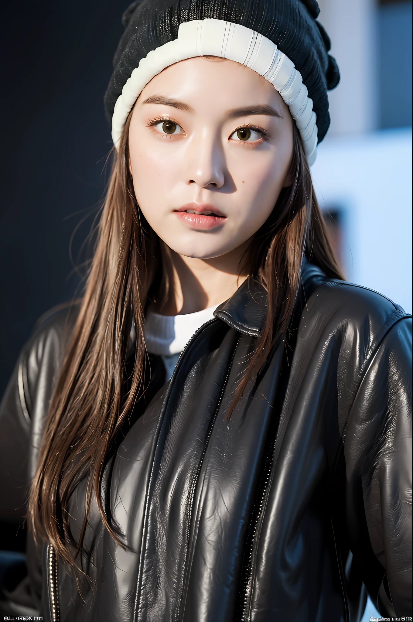 (
(8k:1.27), best quality, masterpiece, ultra highres:1.2) Photo of Pretty Japanese woman
 (beautiful:1.1) (sci-fi warrior woman:1.1) space soldier, (beanie:1.61) (leather jacket:1.21) intricate elegant, fantasy, detailed, ometric by greg rutkowski and alphonse mucha, gradient lighting,nude