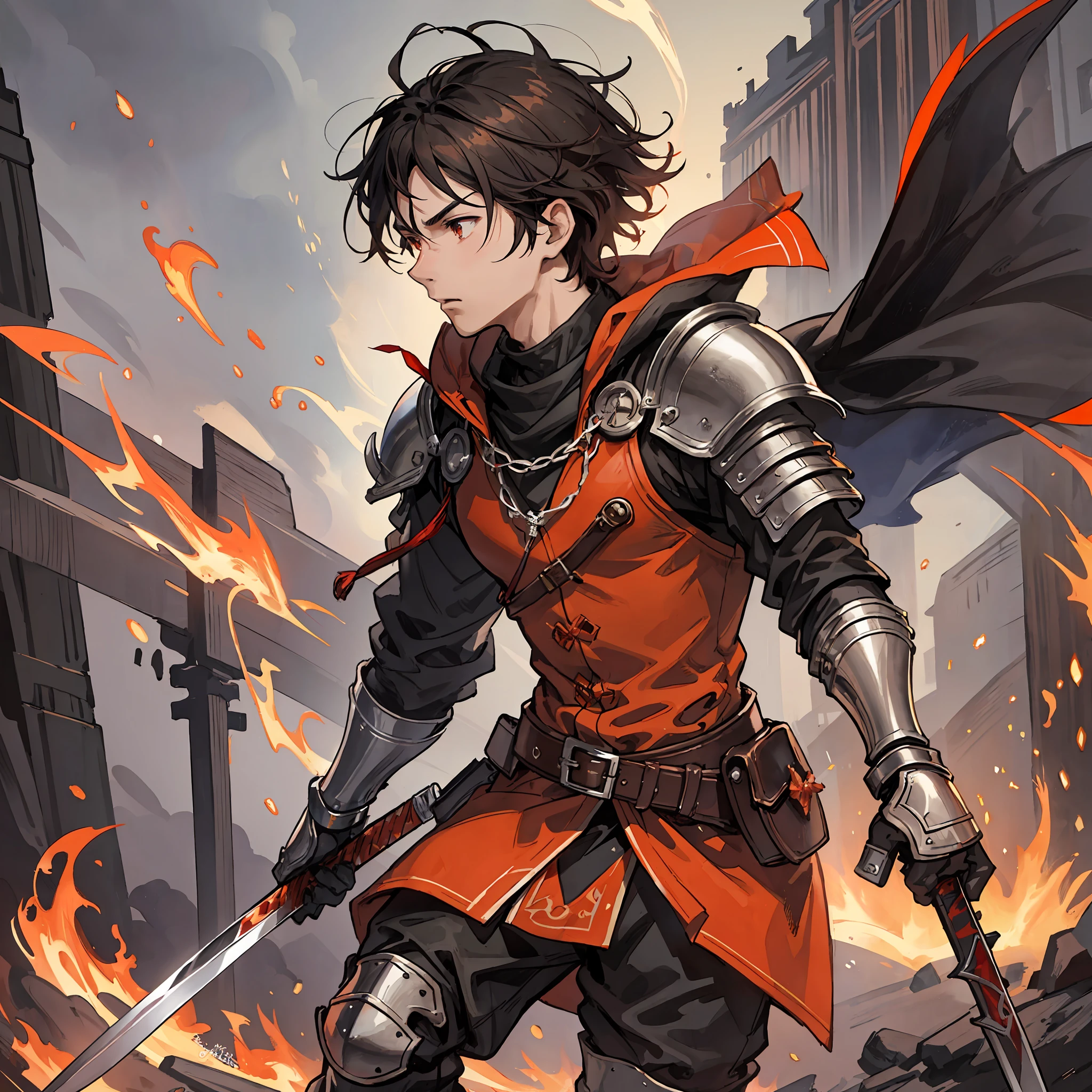 a 17-year-old teenage boy, 1 boy, brown short hair, short hair parted in the middle, bright eyes, without a beard, without a goatee, no facial hair, silver and red medieval knight armor, red clothes, detailed background, medieval warrior, boy, combat arts, holding an medieval sword, closeup shot, whirling wind, lightning around character, night complex background, highly detailed, (gloomy:1.3), Fire Manipulation, Phoenix Physiology, Fire Magic, Fire Attacks, night sky at entrance, fire light in the background, forest burning, floating many bright flames of red and orange fire particles, floating many flames of fire