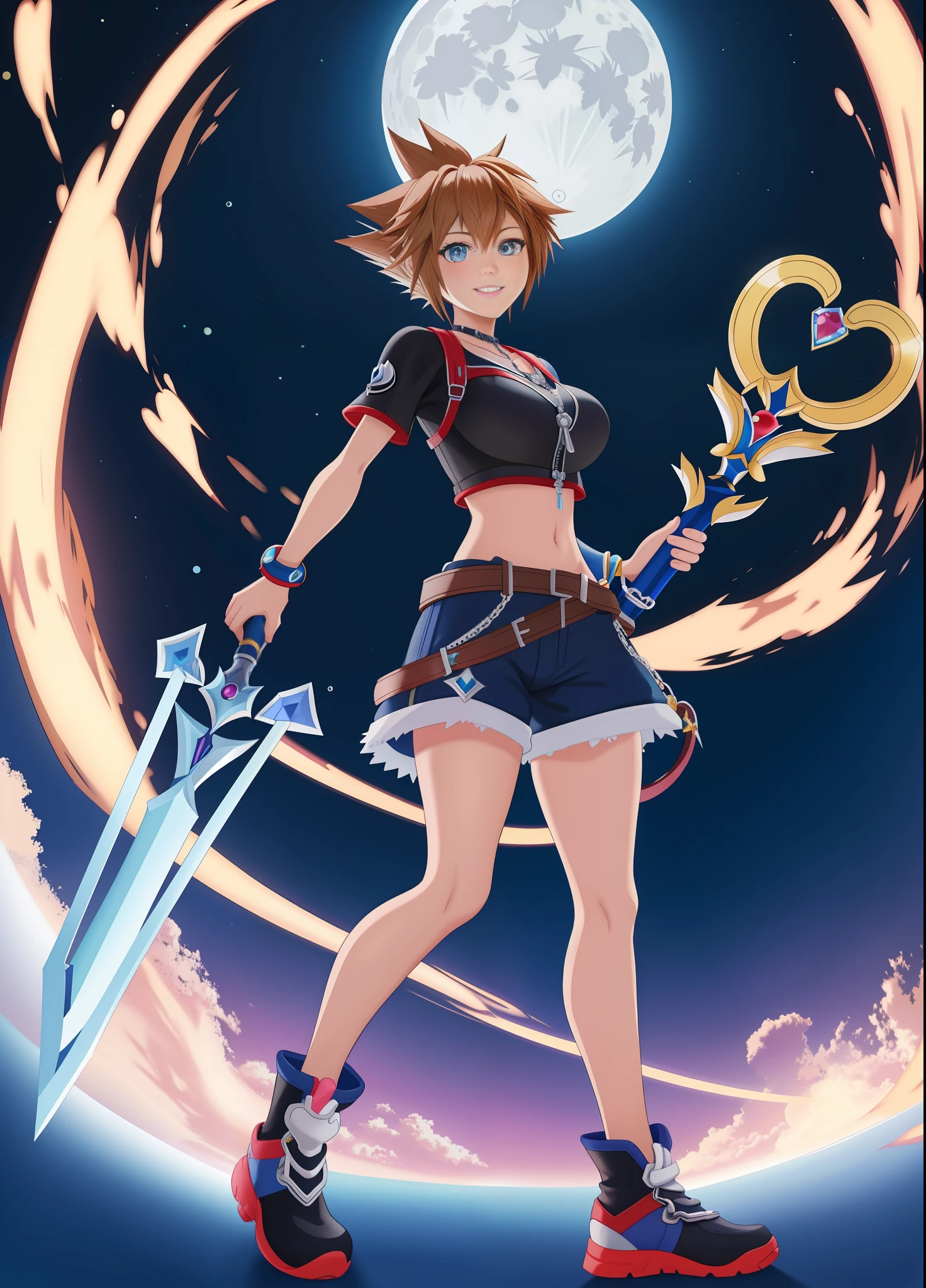 Full body image, Kingdom Hearts 3, (((1 Woman as Sora from the Kingdom Hearts Game))), big breasts, standing, short brown hair, blue eyes, she holds a sword in the shape of a keys the Keyblade, staring at the viewer, embarrassed face, mouth with blue lipstick, smiling, (is in a magical city with several Disney characters at night with a full moon: 1.5), anime, Kingdom Hearts 3, Disney, 16k, melhor qualidade, detalhes altos, UHD, obra-prima, anime, Kingdom Hearts 3, Disney, 16k, best quality, high details, UHD, masterpiece