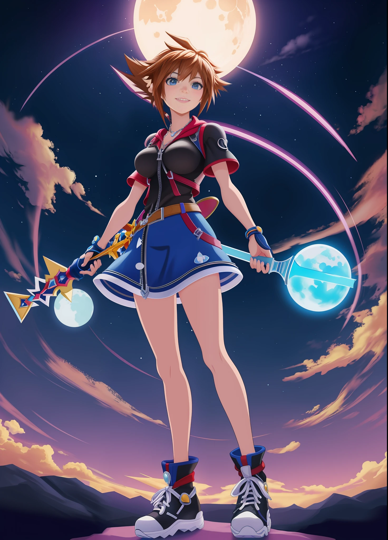 Full body image, Kingdom Hearts 3, (((1 Woman as Sora from the Kingdom Hearts Game))), big breasts, standing, short brown hair, blue eyes, she holds a sword in the shape of a keys the Keyblade, staring at the viewer, embarrassed face, mouth with blue lipstick, smiling, (is in a magical city with several Disney characters at night with a full moon: 1.5), anime, Kingdom Hearts 3, Disney, 16k, melhor qualidade, detalhes altos, UHD, obra-prima, anime, Kingdom Hearts 3, Disney, 16k, best quality, high details, UHD, masterpiece