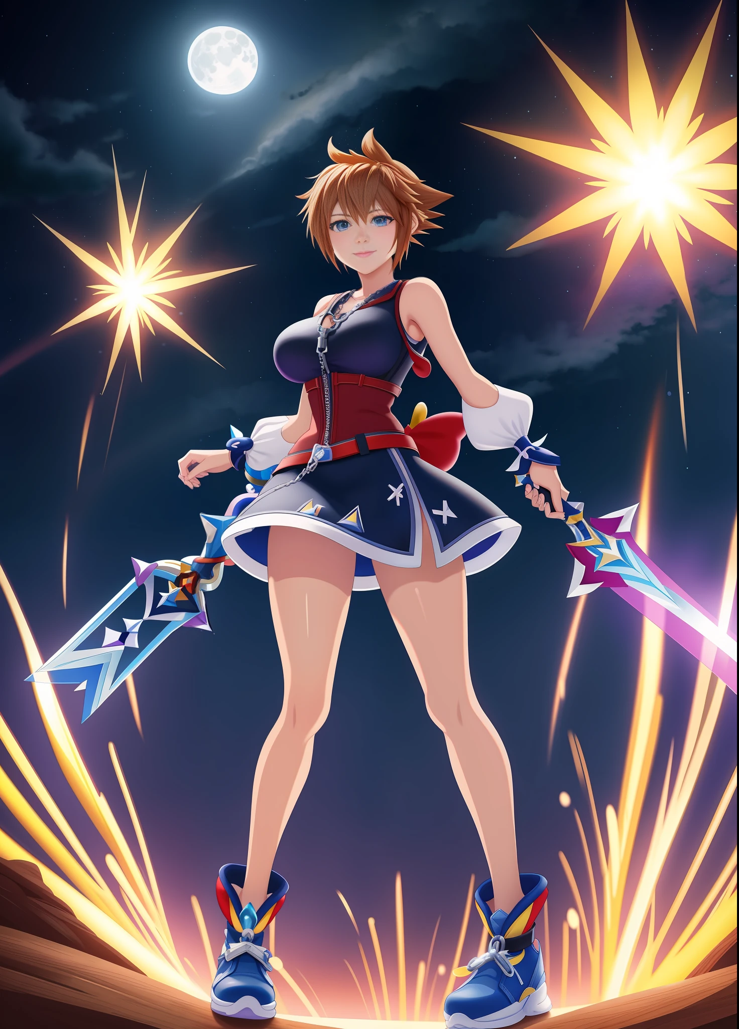 Full body image, Kingdom Hearts 3, (((1 Woman as Sora from the Kingdom Hearts Game))), big breasts, standing, short brown hair, blue eyes, she holds a sword in the shape of a keys the Keyblade, staring at the viewer, embarrassed face, mouth with blue lipstick, smiling, (is in a magical city with several Disney characters at night with a full moon: 1.5), anime, Kingdom Hearts 3, Disney, 16k, melhor qualidade, detalhes altos, UHD, obra-prima, anime, Kingdom Hearts 3, Disney, 16k, best quality, high details, UHD, masterpiece