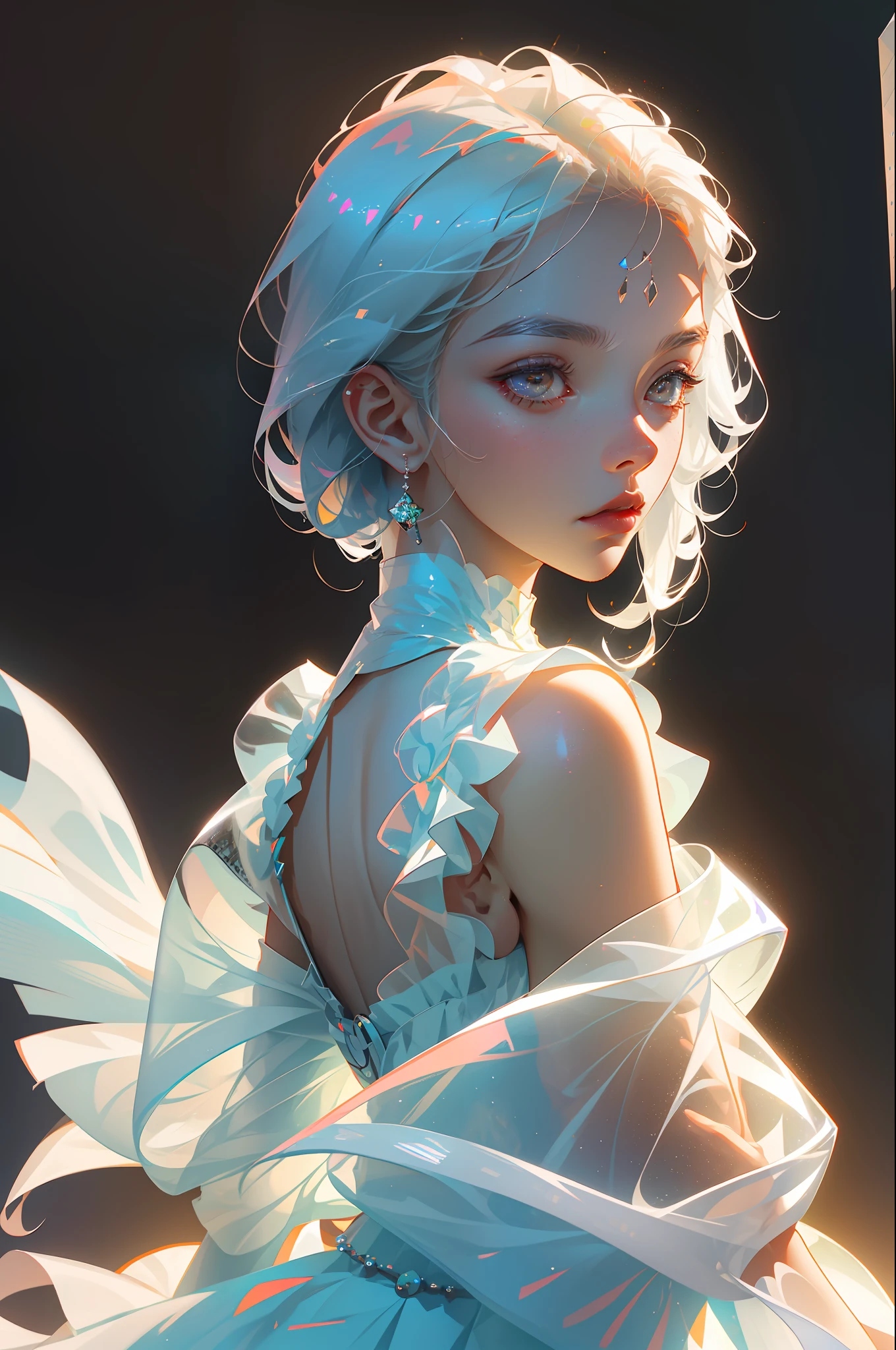 Highest quality,The perfect masterpiece,Perfect artwork,Official Works,8K,
(Upper Body Portrait:1.3),((Seen from the side:1.5)),close-up lens,Delicate face,
17 years old,White-haired girl,(hakuhatsu:1.5),short and medium hair,((White transparent eyes:1.5)),(white dress:1.2),(Transparent clothing:1.2),(Black background:1.3),
pearl illusion,Cyberpunk,fashion trend,3s material,high-definition,detail representation,c4d,3D,octane rendering,ray tracing,complex details,animated lighting,OCrenderer,