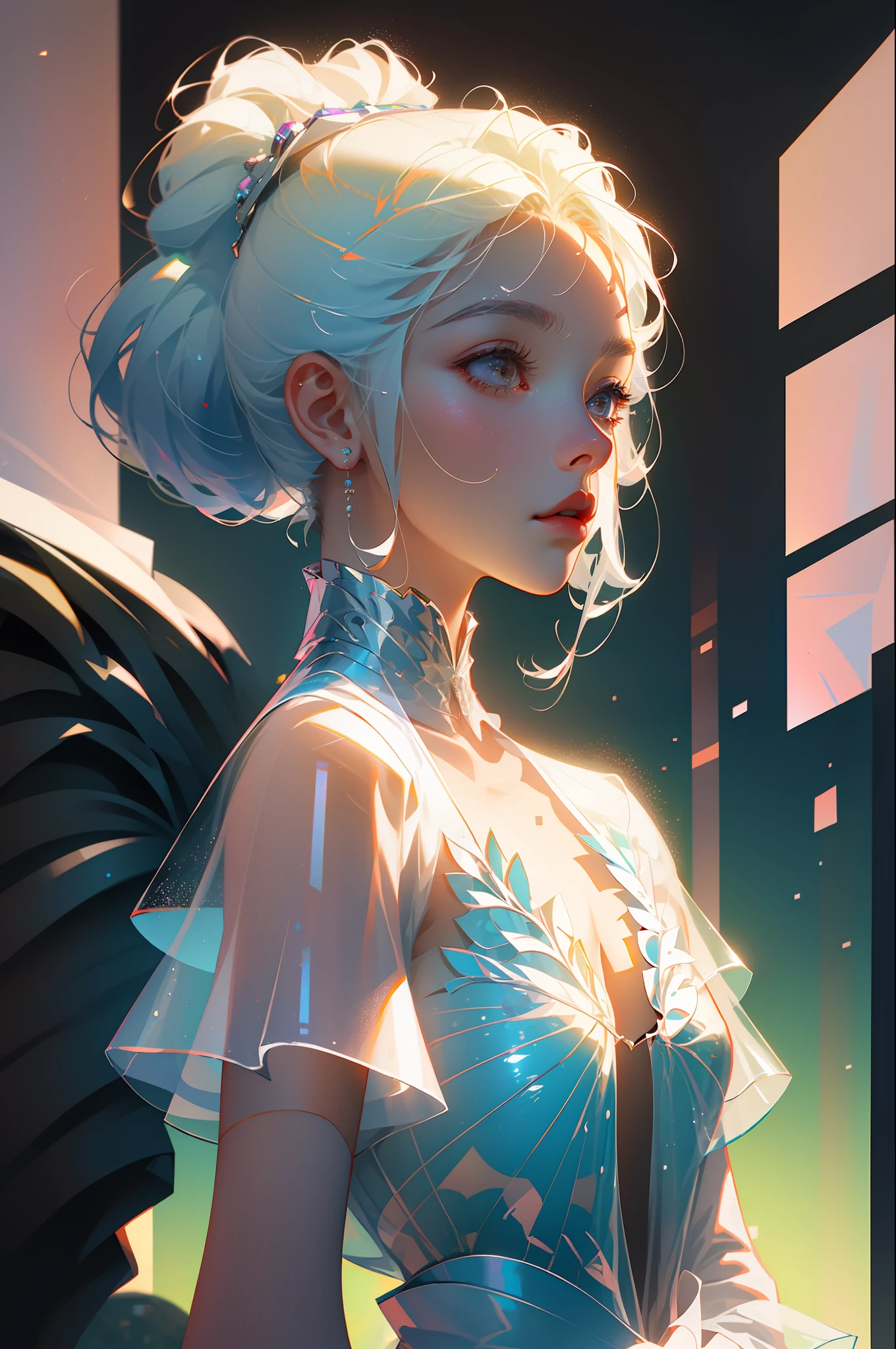 Highest quality,The perfect masterpiece,Perfect artwork,Official Works,8K,
(Upper Body Portrait:1.3),((Seen from the side:1.5)),close-up lens,Delicate face,
17 years old,White-haired girl,(hakuhatsu:1.5),short and medium hair,((White transparent eyes:1.5)),(white dress:1.2),(Transparent clothing:1.2),(Black background:1.3),
pearl illusion,Cyberpunk,fashion trend,3s material,high-definition,detail representation,c4d,3D,octane rendering,ray tracing,complex details,animated lighting,OCrenderer,