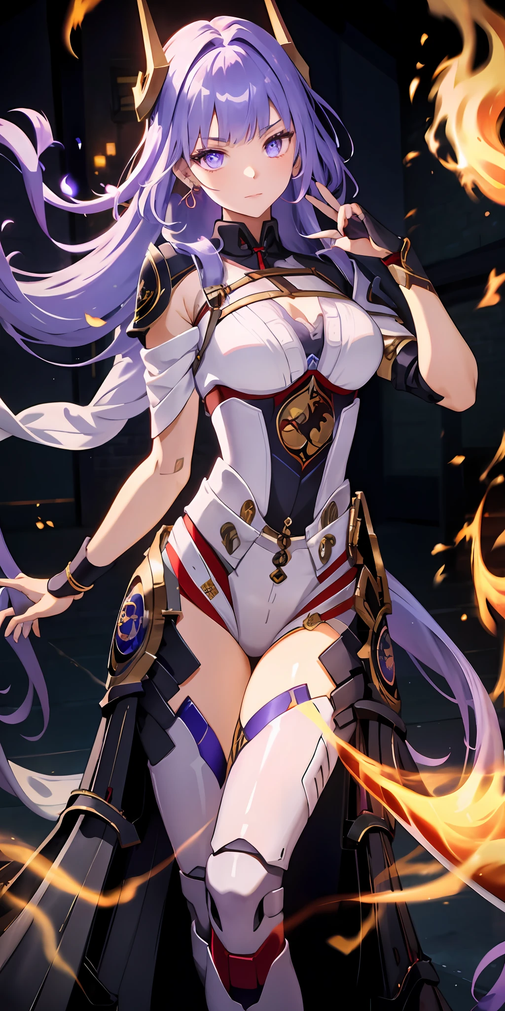 1girl, beautiful hair, golden eye, katana, flames, burning houses, glowing, sidelighting, wallpaper,