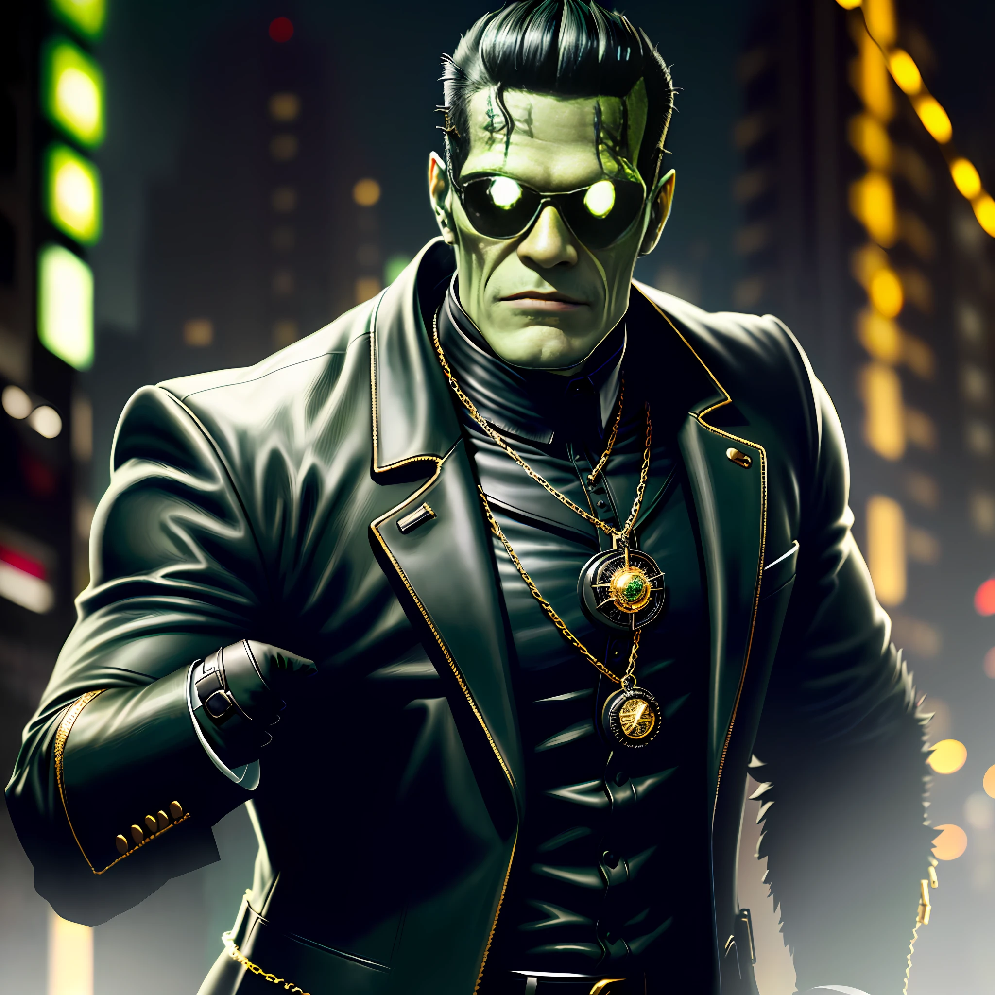 "((Hyper detailed)), ((in focus)), ((perfect strokes)), Monster Frankenstein wearing black leather suit, greenish face, black leather gloves, sunglasses, gold watch and chains, holding a small radiant wait, standing, set in a dark city, centralizado na imagem. (No duplication)."