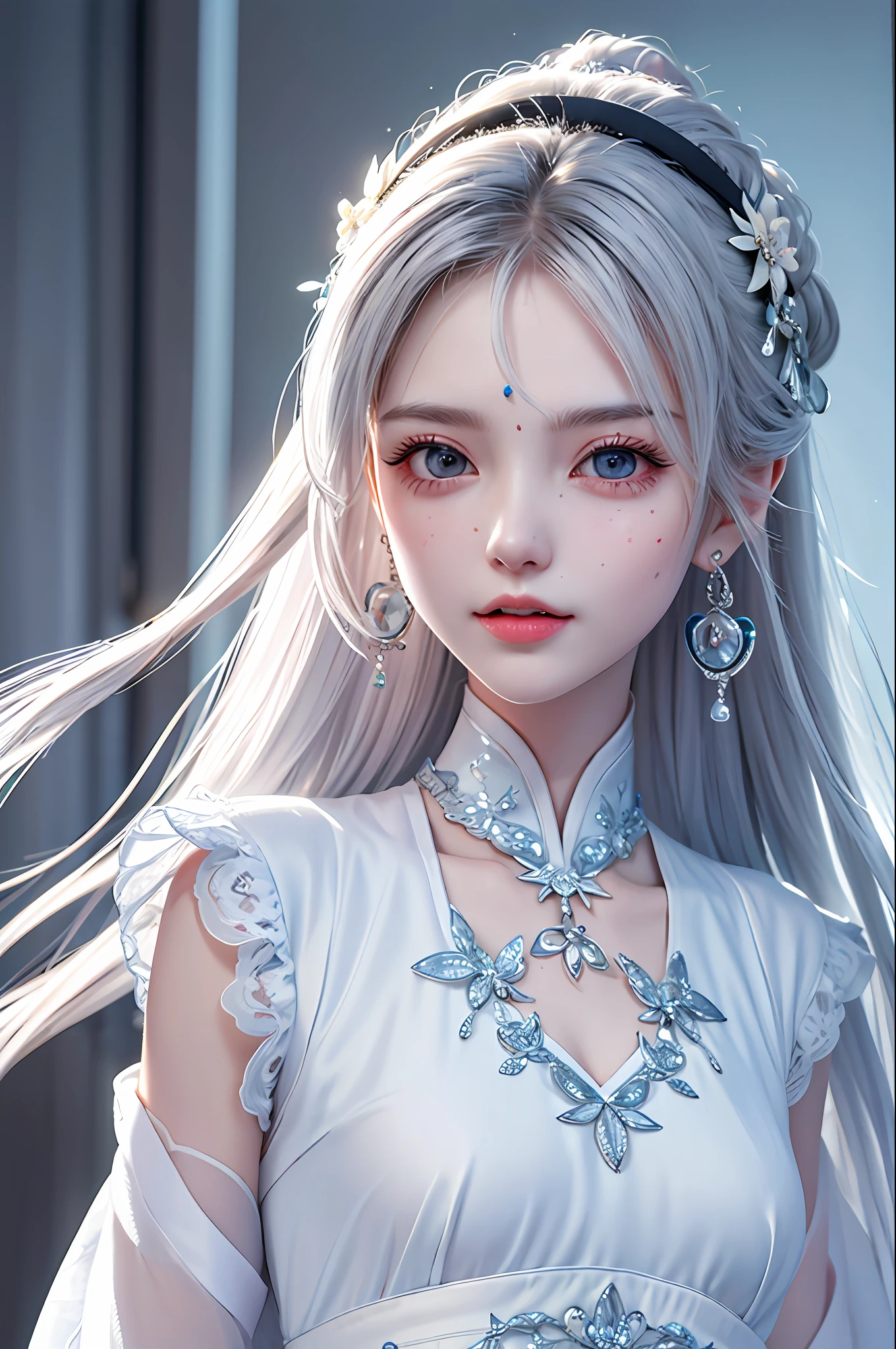 (Best Quality, Masterpiece: 1.2), Ultra High Resolution, Realistic, Front Lighting, Intricate Details, Delicate Details and Textures, 1girl, Solo, (Young), Facial Highlight, Upper Body, Detail Face, Tear Mole, Freckles, White Skin, Silver Hair, High Ponytail, Looking at the Audience, Big Eyes, Silk Hanfu, (Openwork Pattern, White, Silk), Earrings, Small Tits, Slim Figure, Chang'an Avenue, Professional Lighting, Photon Mapping, Light Energy Transfer, Physically Based Rendering,