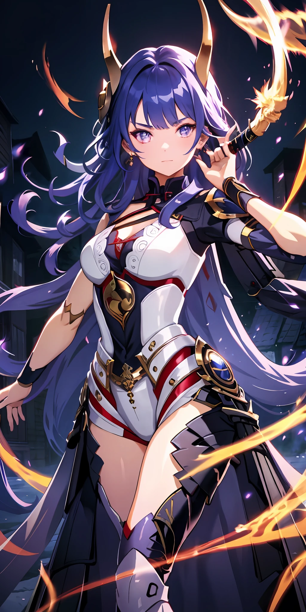 1girl, beautiful hair, golden eye, katana, flames, burning houses, glowing, sidelighting, wallpaper,
