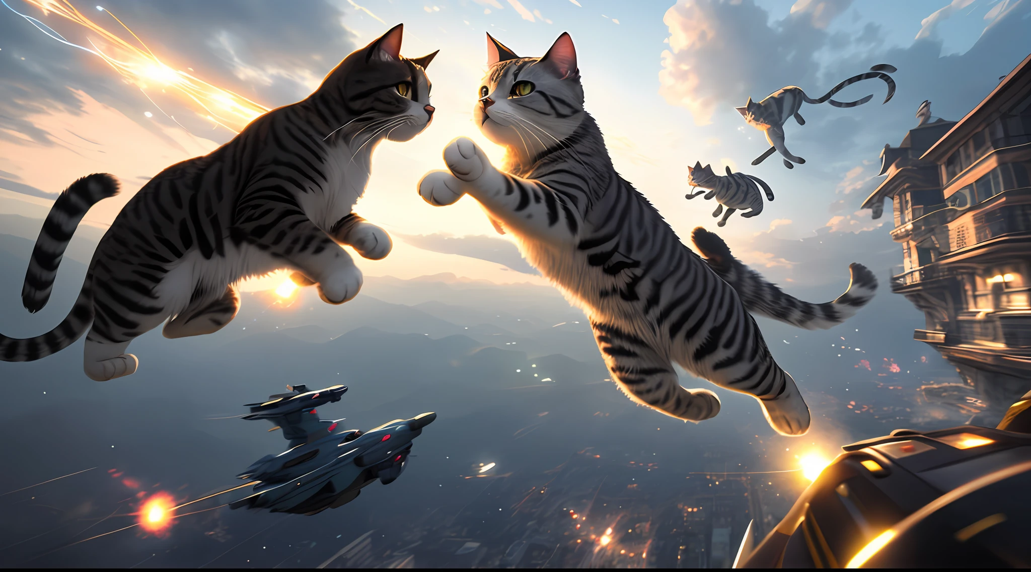 Chasing flying cats while on patrol, epic action poses, realistic, global illumination, sparkling lights, detailed and complex environments, trending on ArtStation, centrally located, crisp focus, 8k.