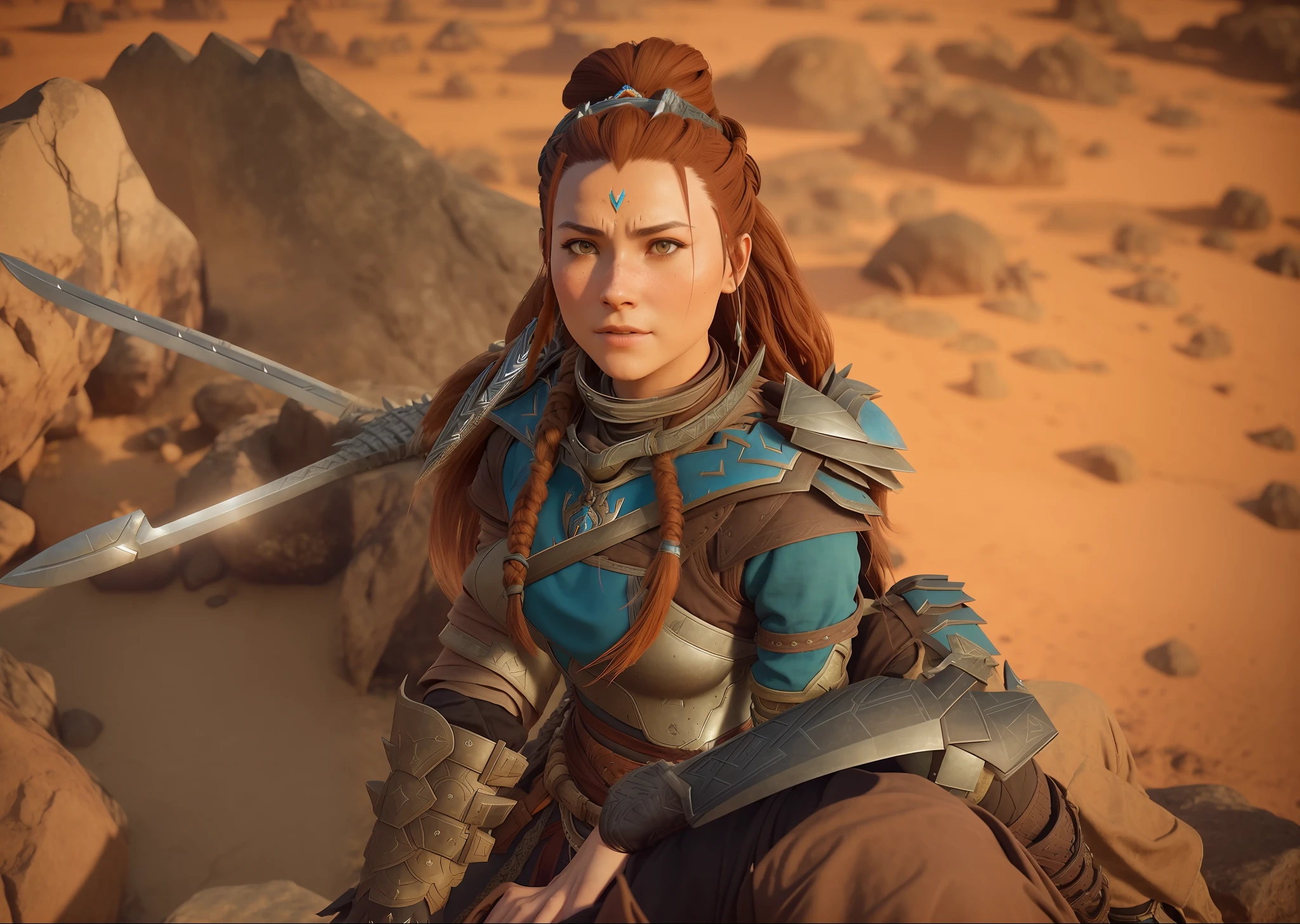 arafed woman with a sword and armor sitting on a rock, aloy from horizon: zero dawn, aloy from horizon zero dawn, aloy, horizon zero dawn 8 k, horizon zero dawn, from horizon: zero down, horizon zero dawn aesthetic, a very beautiful berserker woman, female character, wearing monster hunter armor, in monster hunter armor